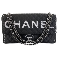 Chanel 2008 Vintage Black Logomania Logo Printed Flap Bag SHW 68523