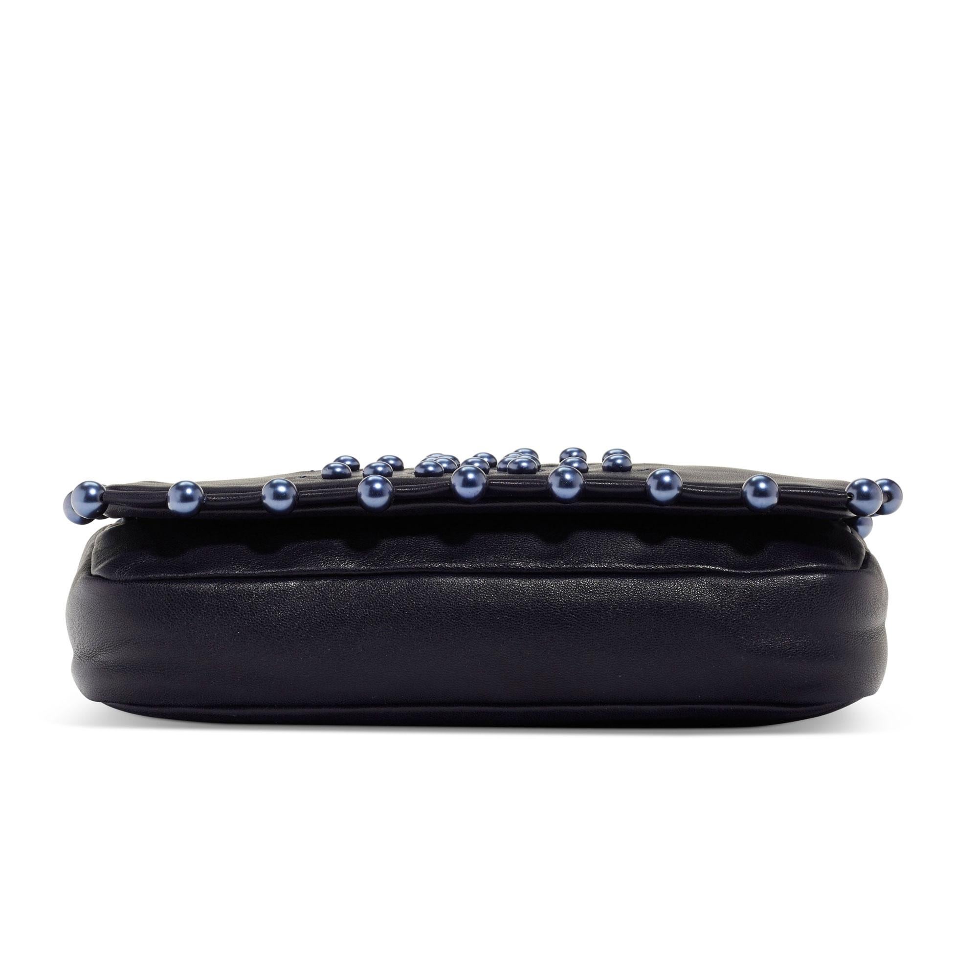 Chanel 2008 Vintage Classic Flap CC Obsession Rare Dark Blue Pearls Lambskin Bag For Sale 1