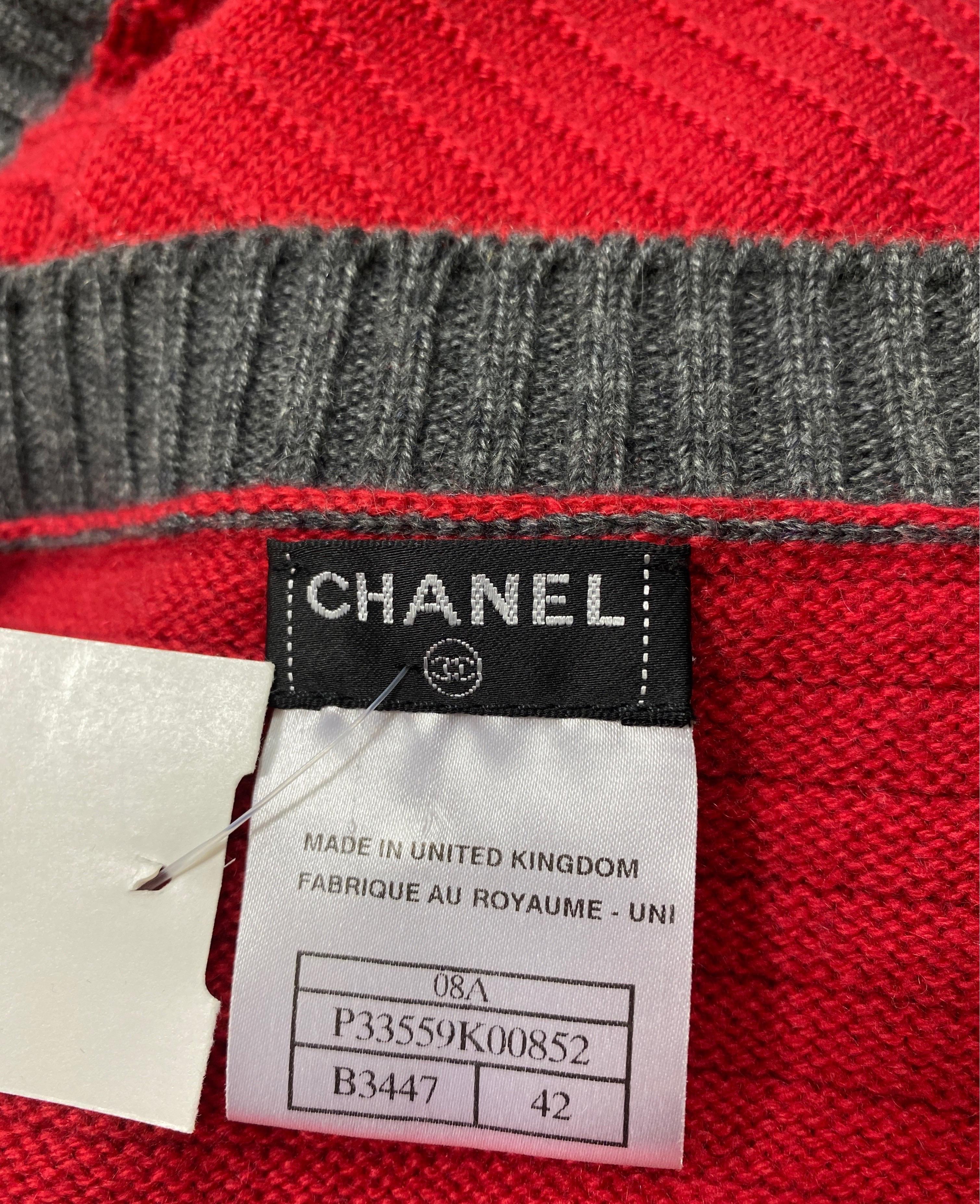 Chanel 2008A Red and Grey Ribbed Knit Cashmere Cardigan-Size 42 6
