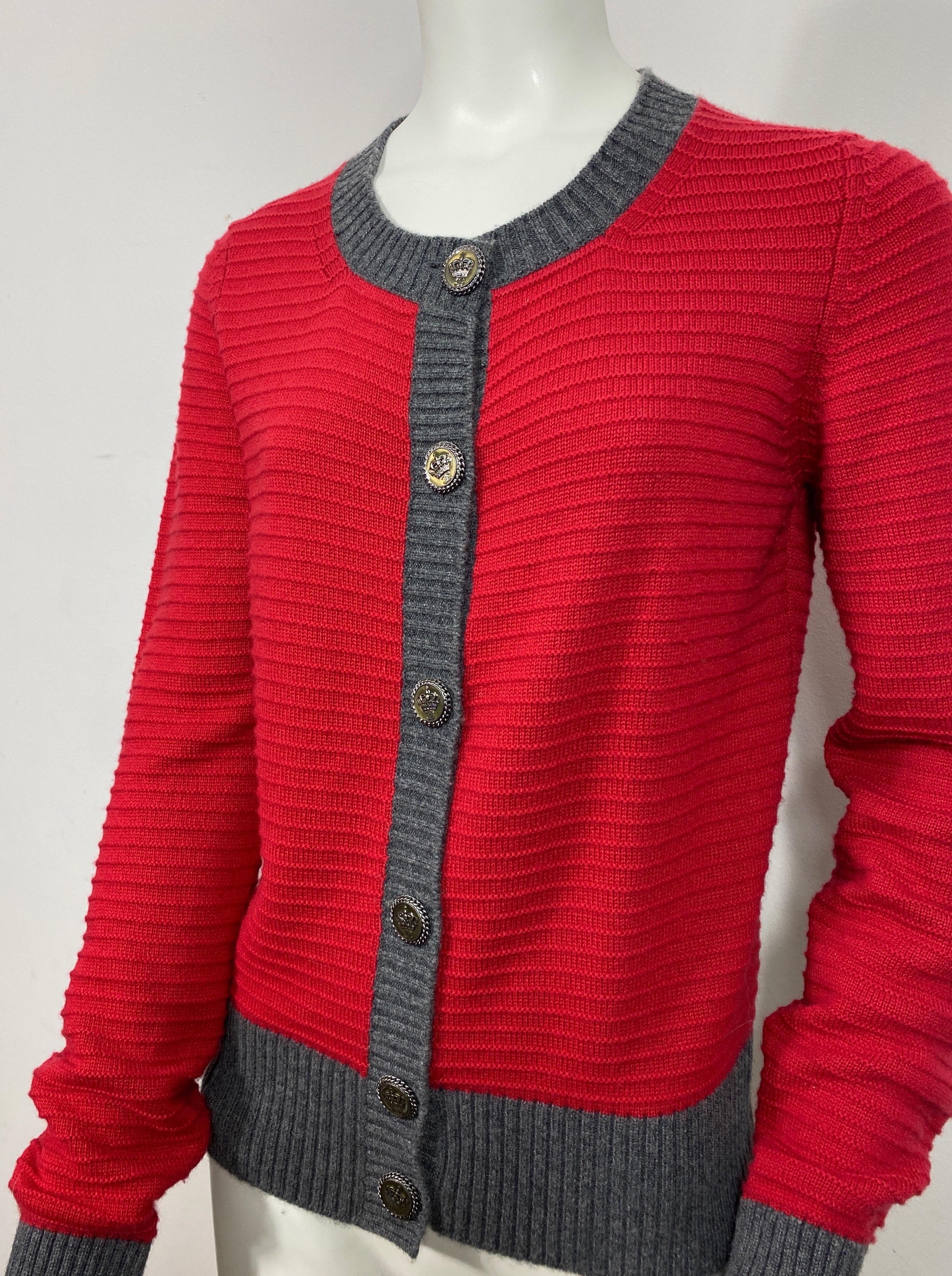 Women's Chanel 2008A Red and Grey Ribbed Knit Cashmere Cardigan-Size 42