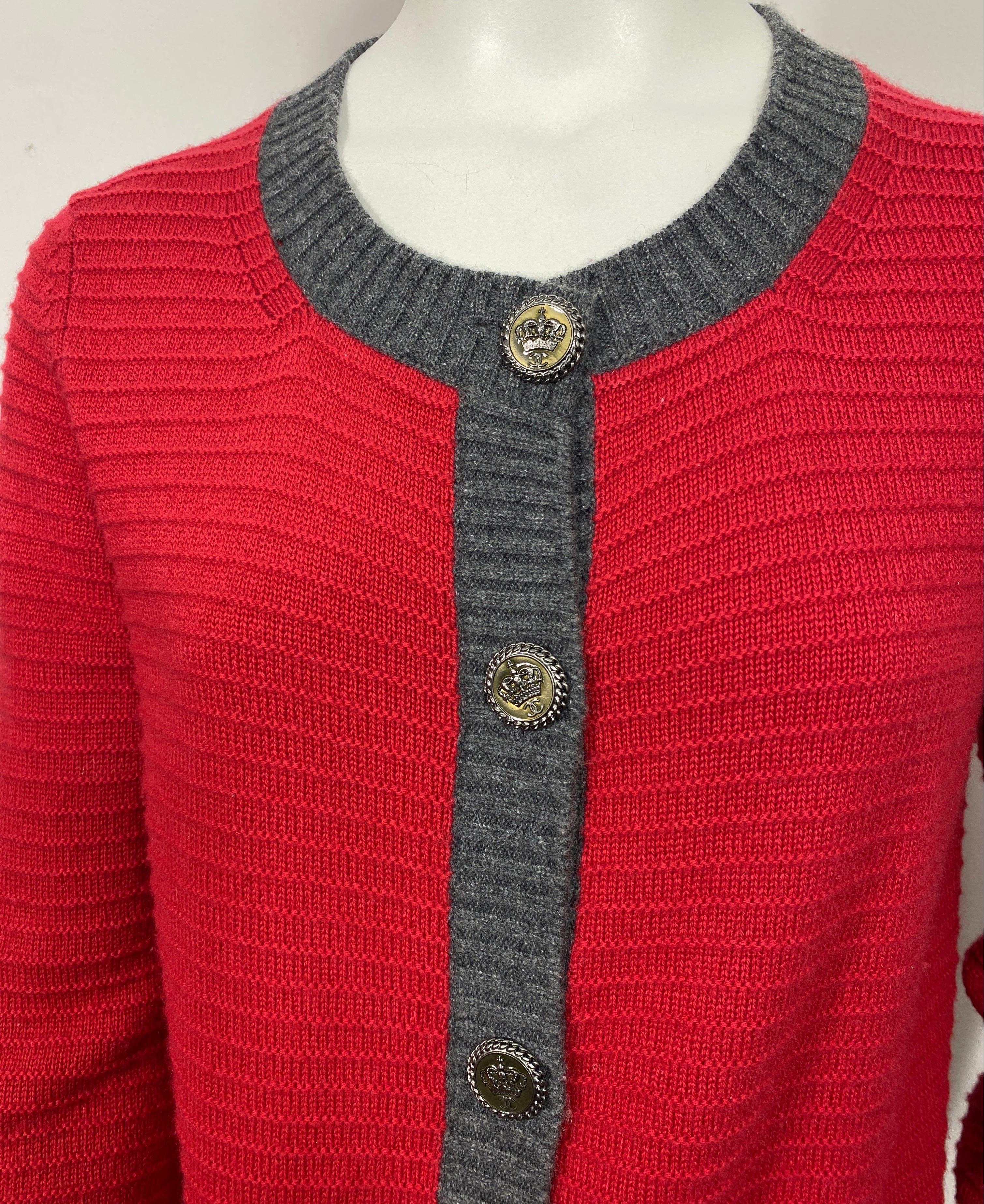 Chanel 2008A Red and Grey Ribbed Knit Cashmere Cardigan-Size 42 1