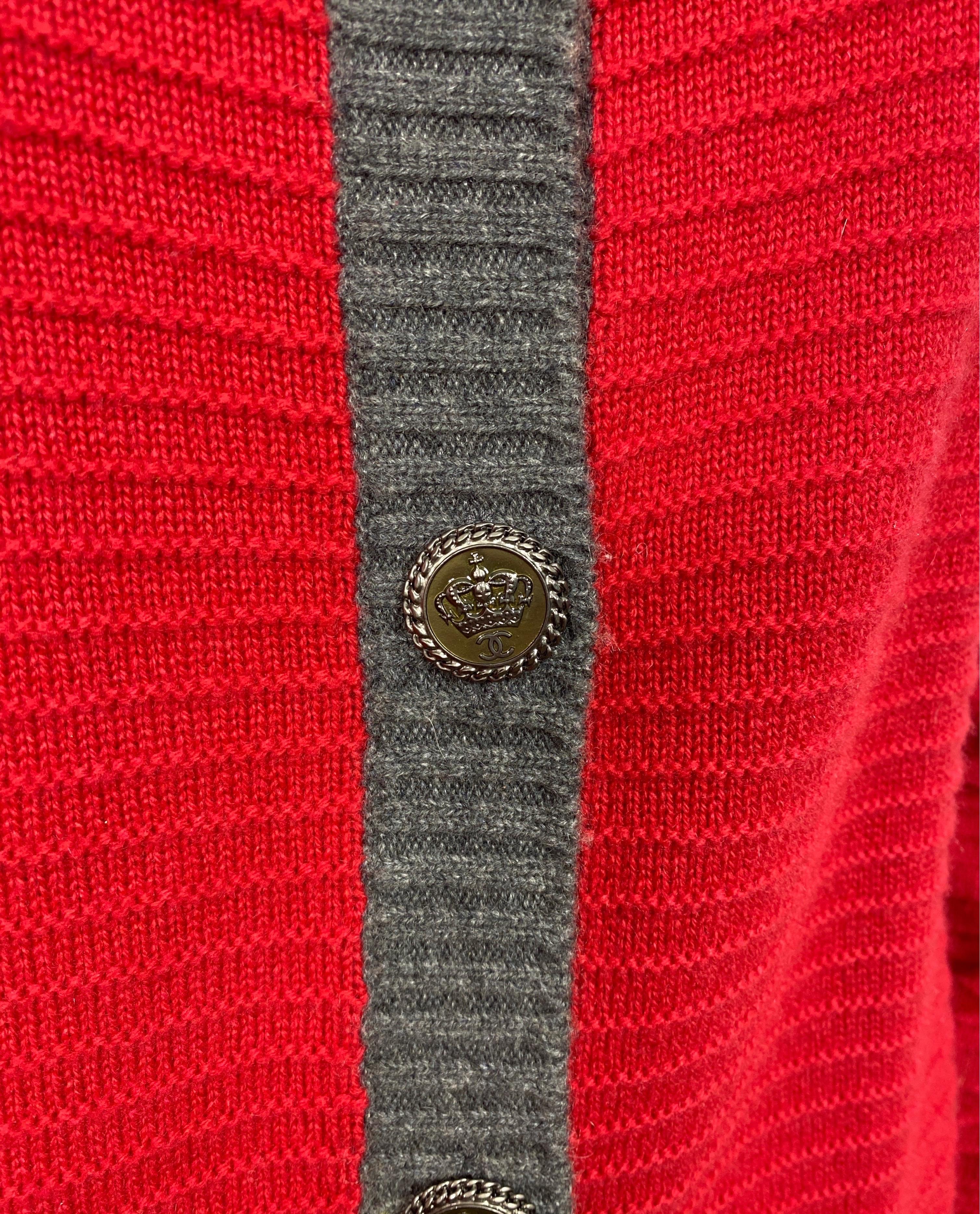 Chanel 2008A Red and Grey Ribbed Knit Cashmere Cardigan-Size 42 2