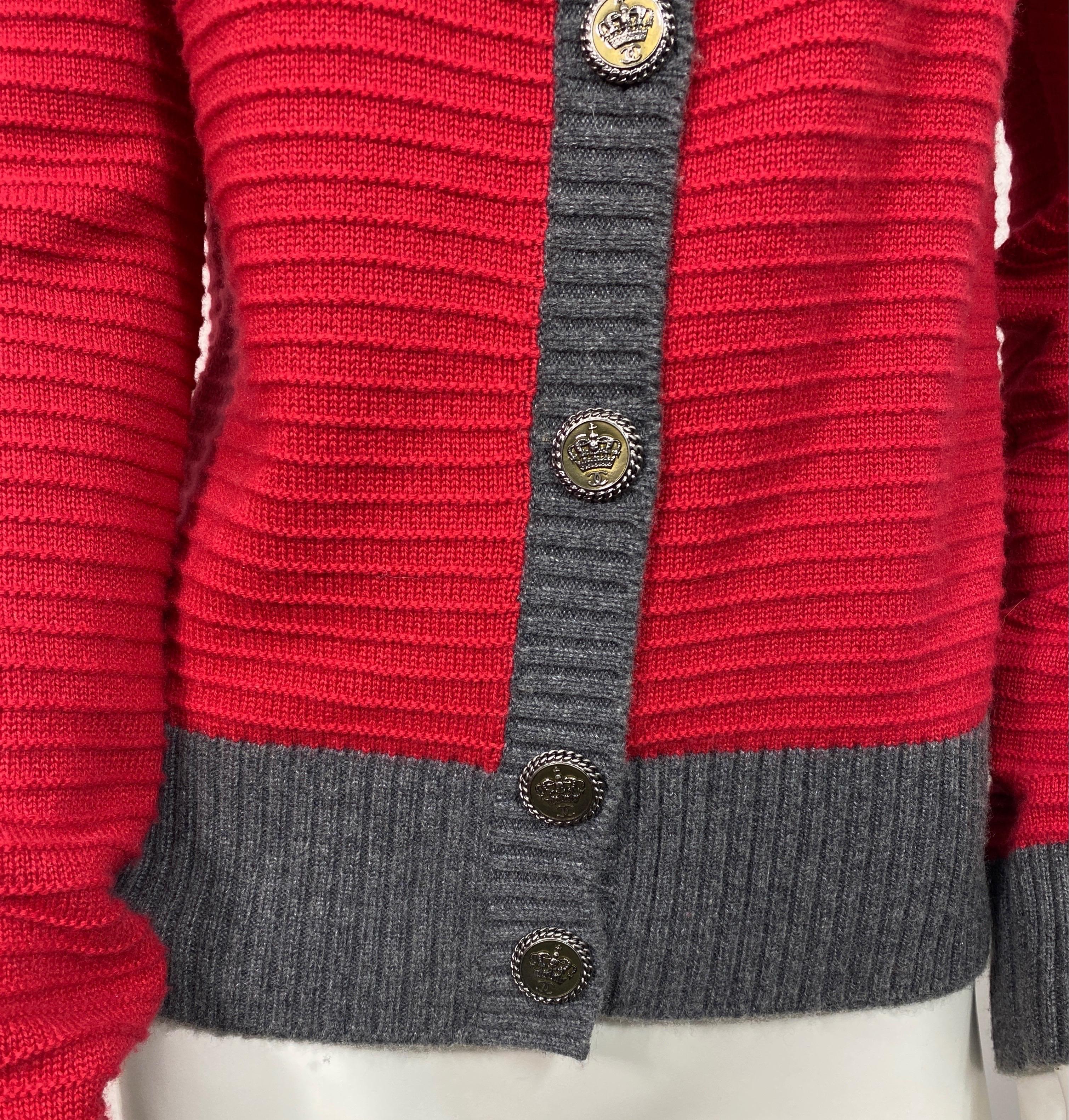 Chanel 2008A Red and Grey Ribbed Knit Cashmere Cardigan-Size 42 3