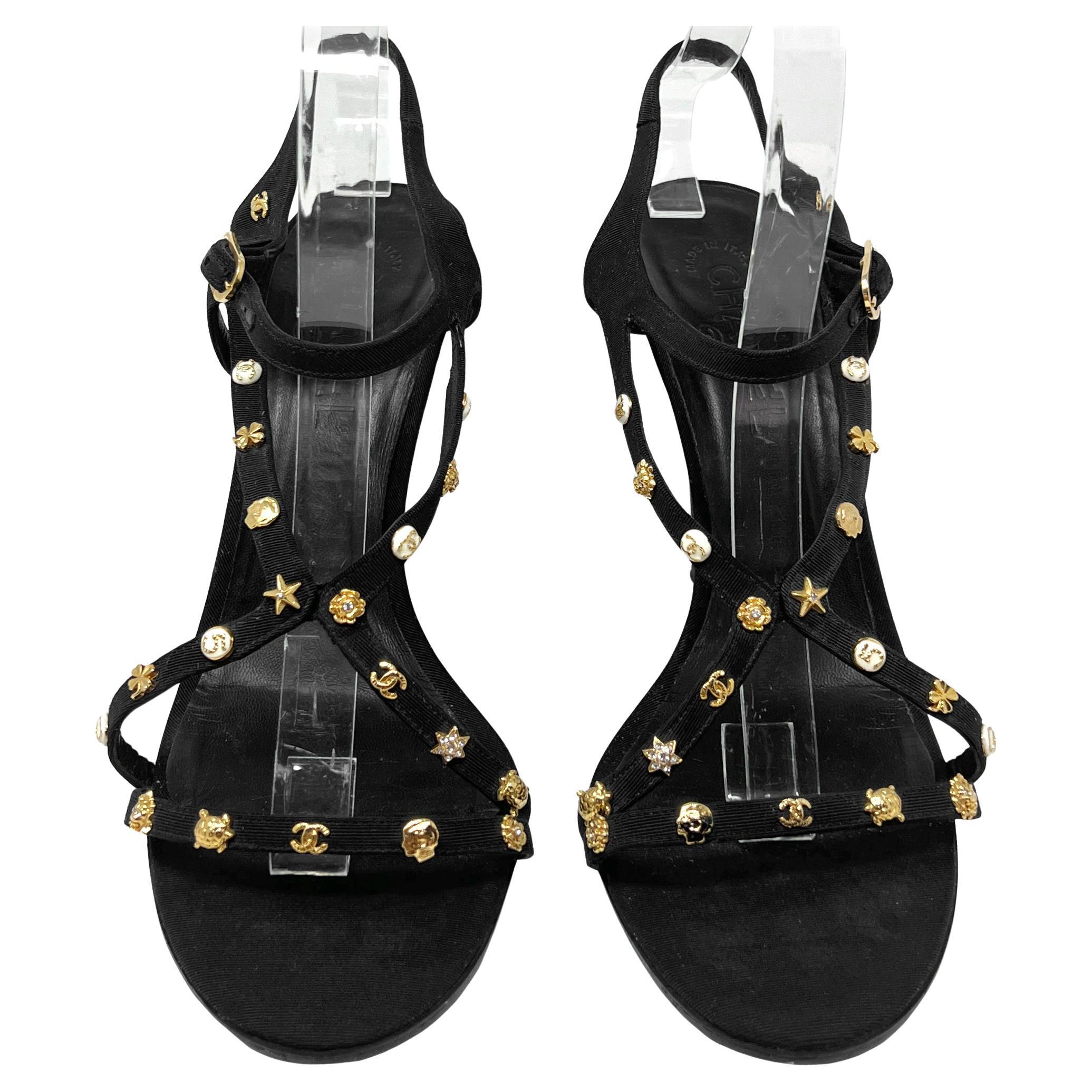 Chanel 2008Black Embellished Strappy Heels 41 Gold Icon Studs Sandals For Sale
