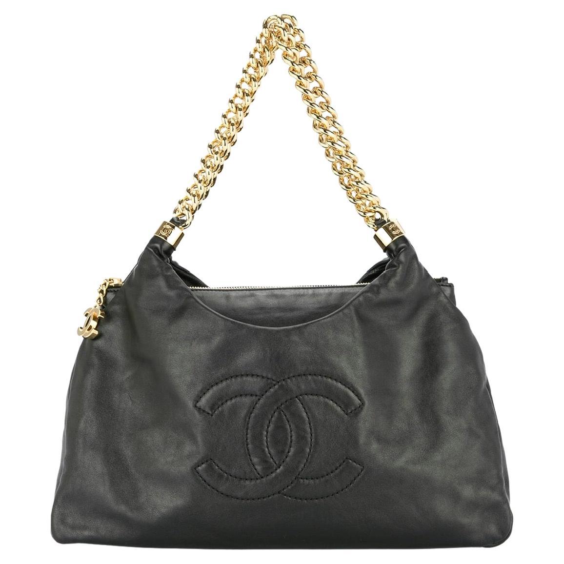 Chanel 2009 CC Logo Thick Chain Black Calfskin Hobo Shoulder Tote  For Sale