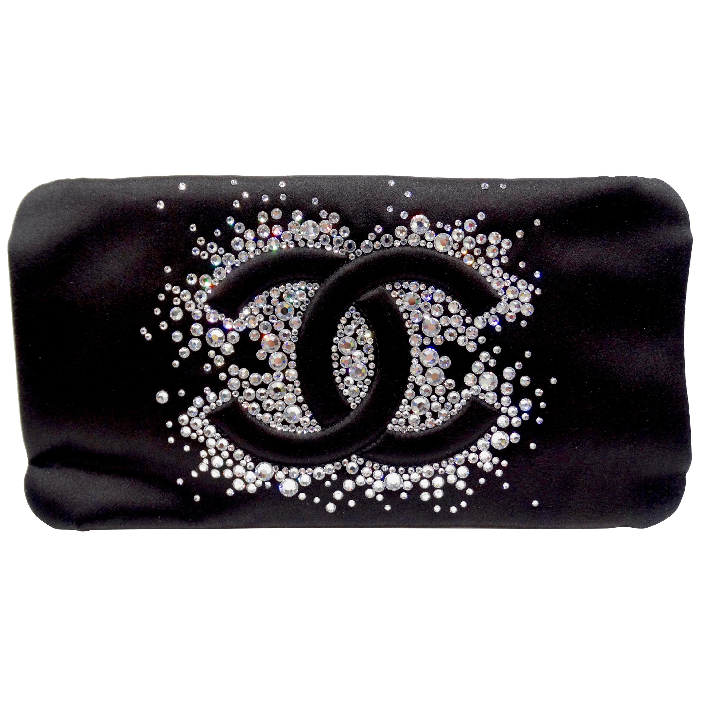 Vintage Chanel Bead Embellished Bow Flap Clutch Black Satin