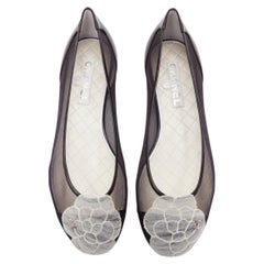 CHANEL 2009 G26433 black sheer mesh leather camellia CC ballerina flats EU37.5