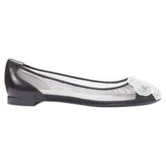 CHANEL 2009 G26433 black sheer mesh leather camellia CC ballerina flats EU37.5