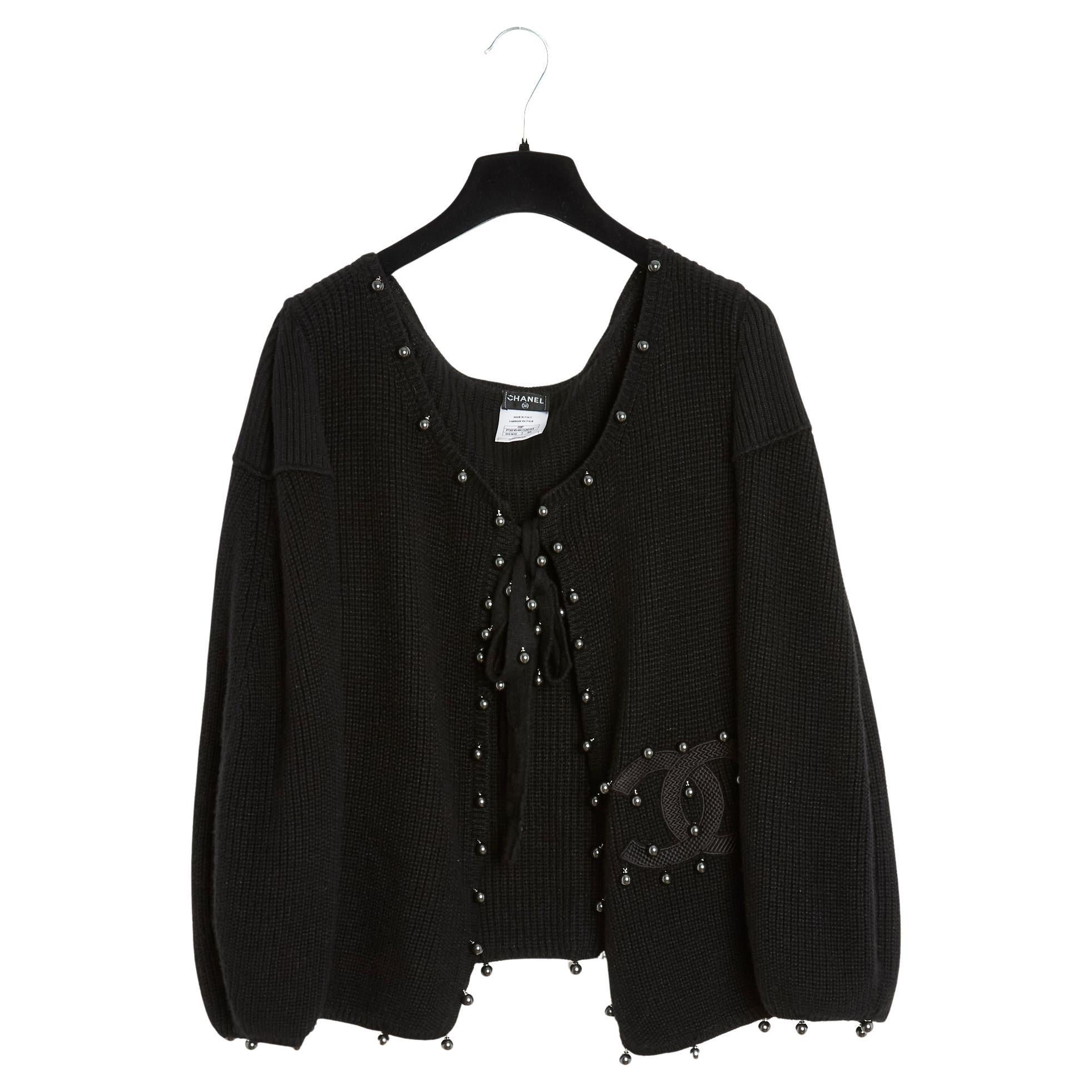 Chanel 2009 Gilet Perles FR46 Nero Perle Cardigan Cashmere UK18 US16 in vendita