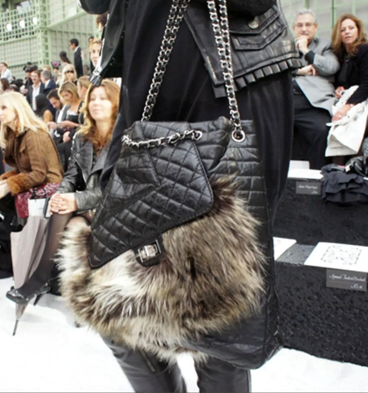 Chanel Fantasy Cabas Faux Fur Winter XL Cabas Tote Shoulder Bag

Year 2009-2010

Silver hardware 
Black/brown
Calf leather
Diamond quilting
Front flap pocket
Slip pocket to the rear
Leather and chain-link shoulder strap
Magnetic fastening
Internal