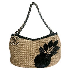 Chanel 2009 Kleine Mini Bio Raffia Seil Camelia Tote Beige Umhängetasche