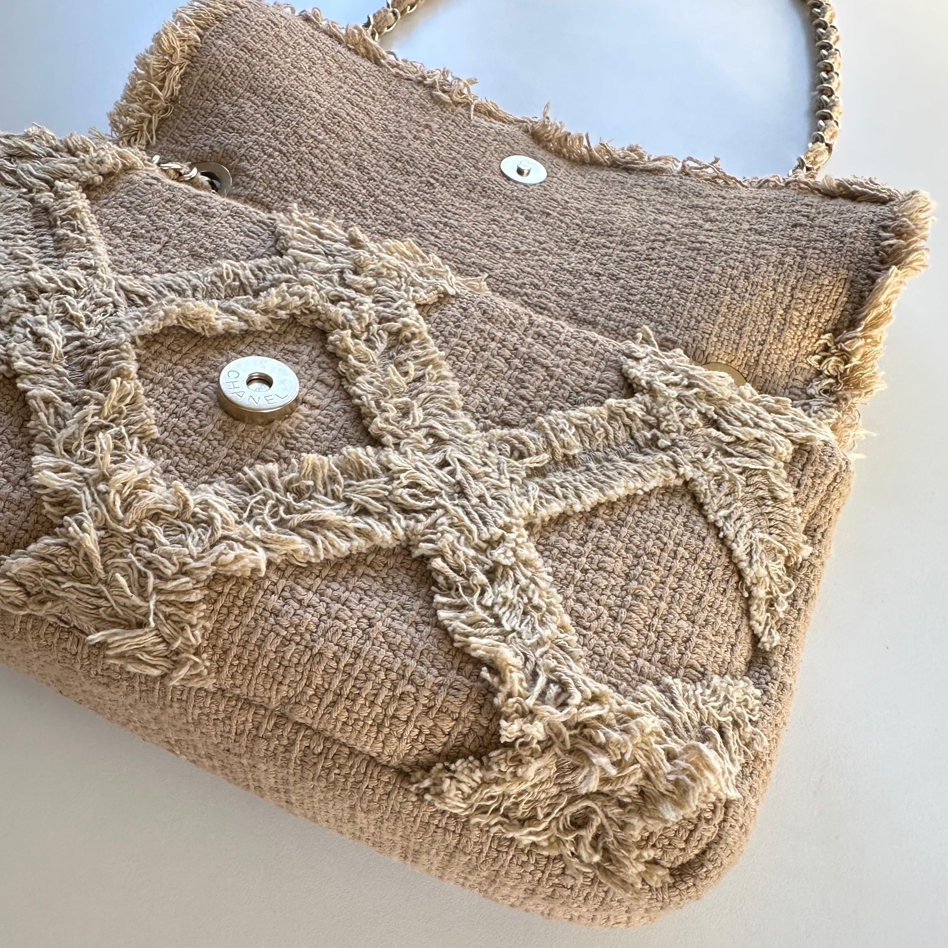 Chanel 2009 Small Sized Beige Tweed Fringe Organic Crochet Nature Flap Bag For Sale 12