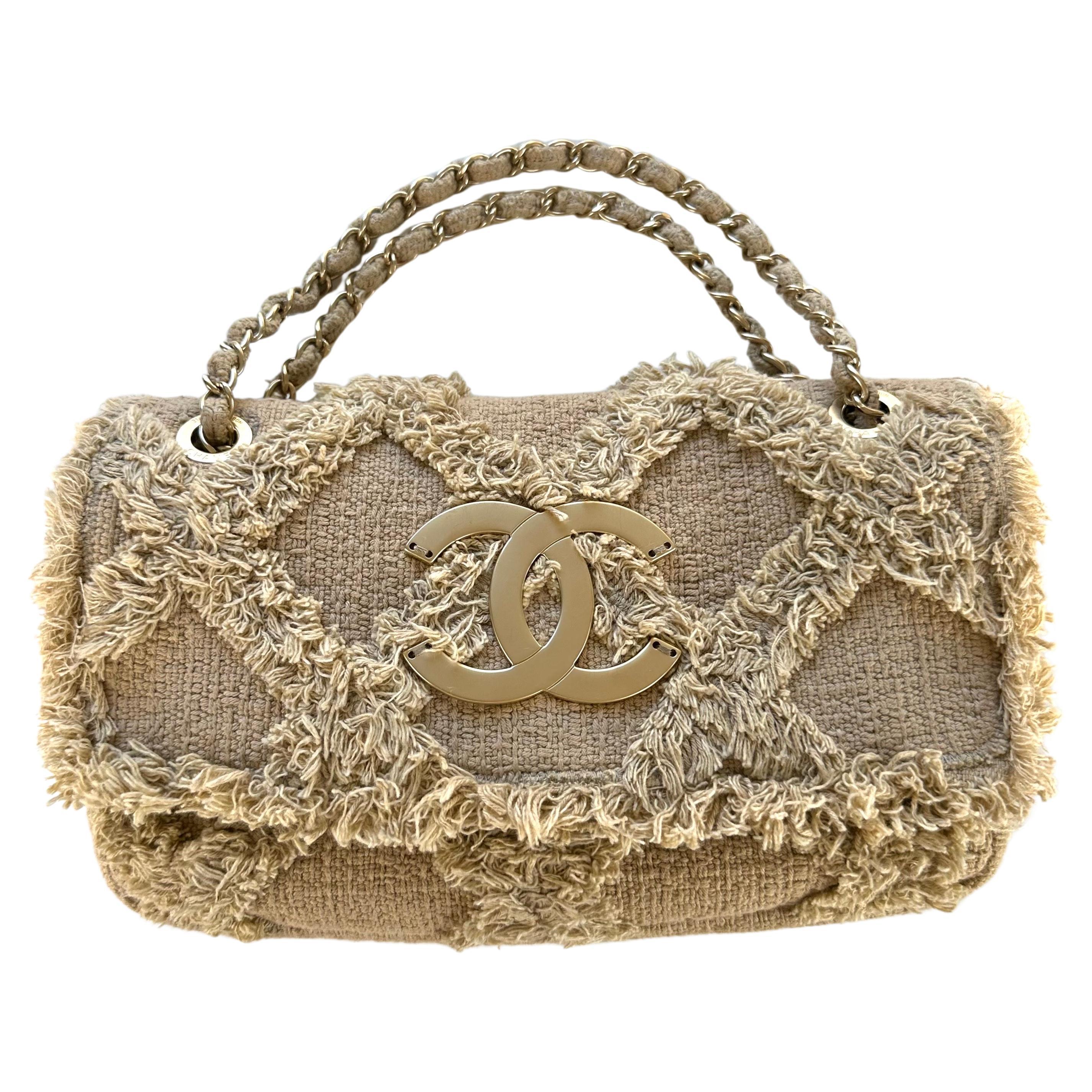 Chanel 2009 Small Sized Beige Tweed Fringe Organic Crochet Nature Flap Bag For Sale
