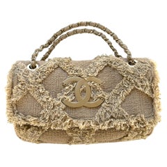 Chanel 2009 Small Sized Beige Tweed Fringe Organic Crochet Nature Flap Bag