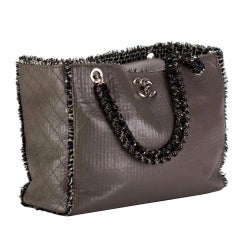 Chanel 2009 Taupe Beige Tweed Fringe and Calfskin Limited Edition Beige Tote Bag