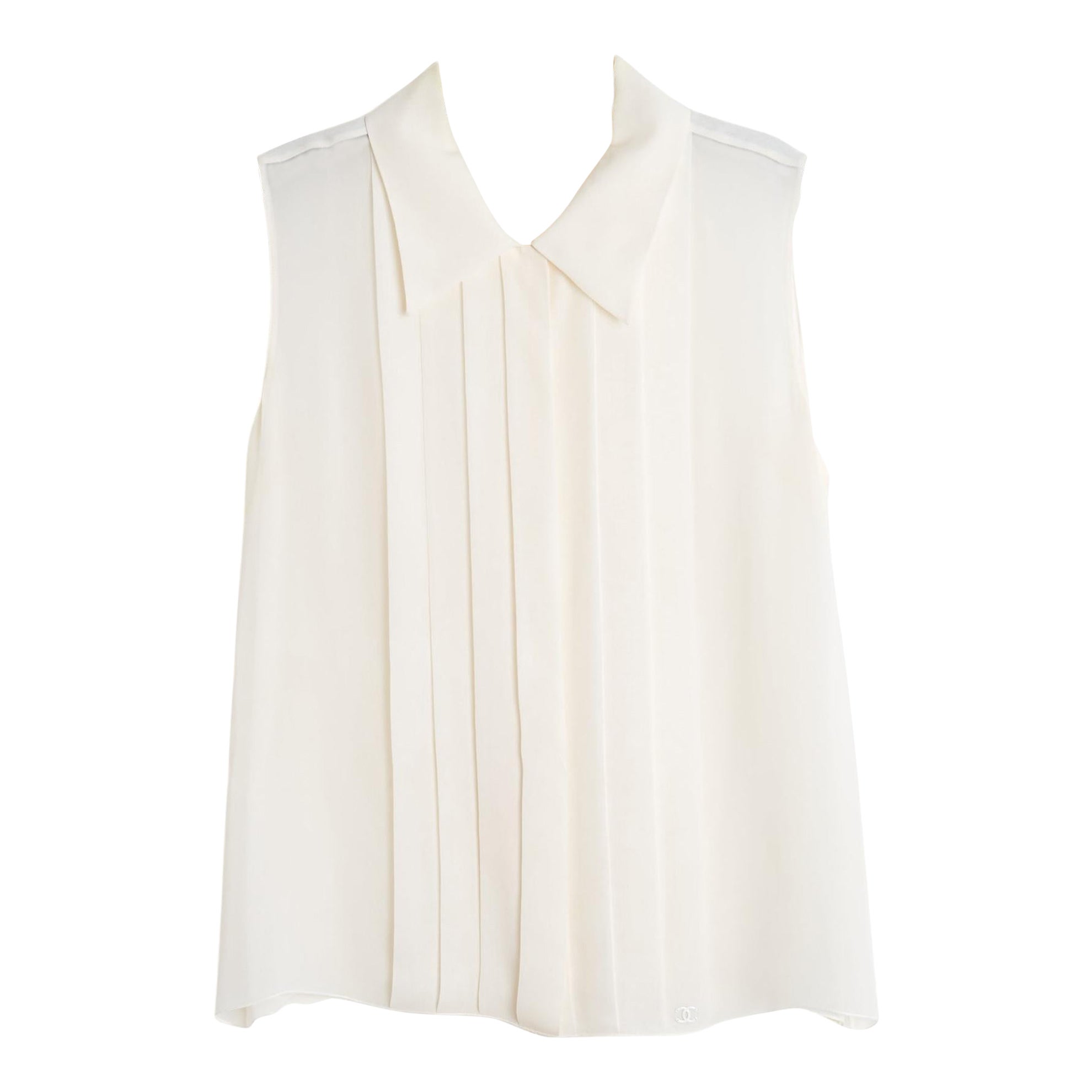 Chanel 2009 Top Soie FR42 Ecru silk crepe Pleated sleeveless Blouse UK14 US12