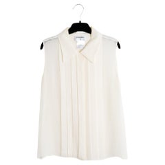 Chanel 2009 Top Soie FR42 Ecru silk crepe Pleated sleeveless Blouse UK14 US12