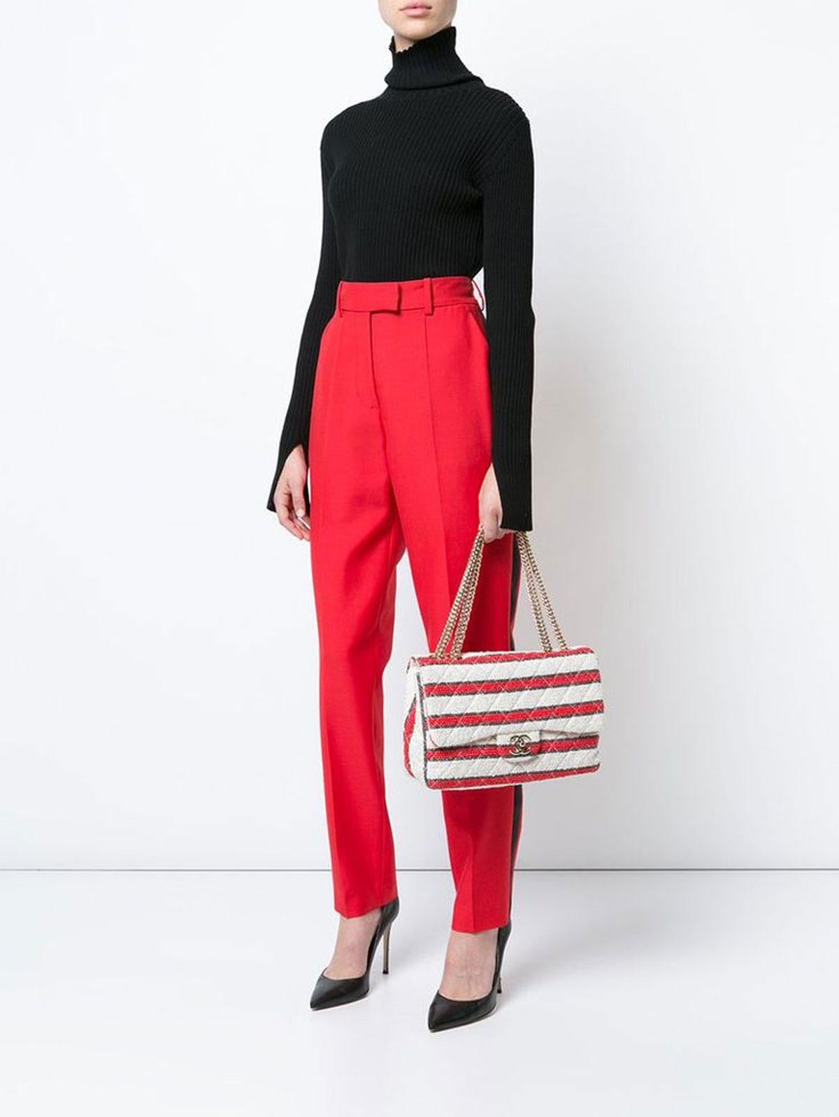 Women's or Men's Chanel 2009 Vintage Rare Medium Classic Flap Bag Red Stripe Tweed Shoulder Bag 
