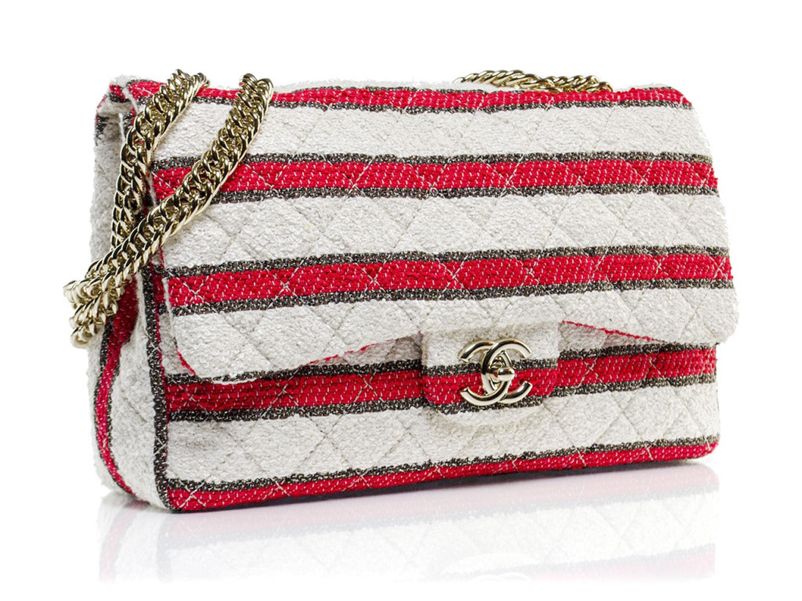 Chanel 2009 Vintage Rare Medium Classic Flap Bag Red Stripe Tweed Shoulder Bag  1