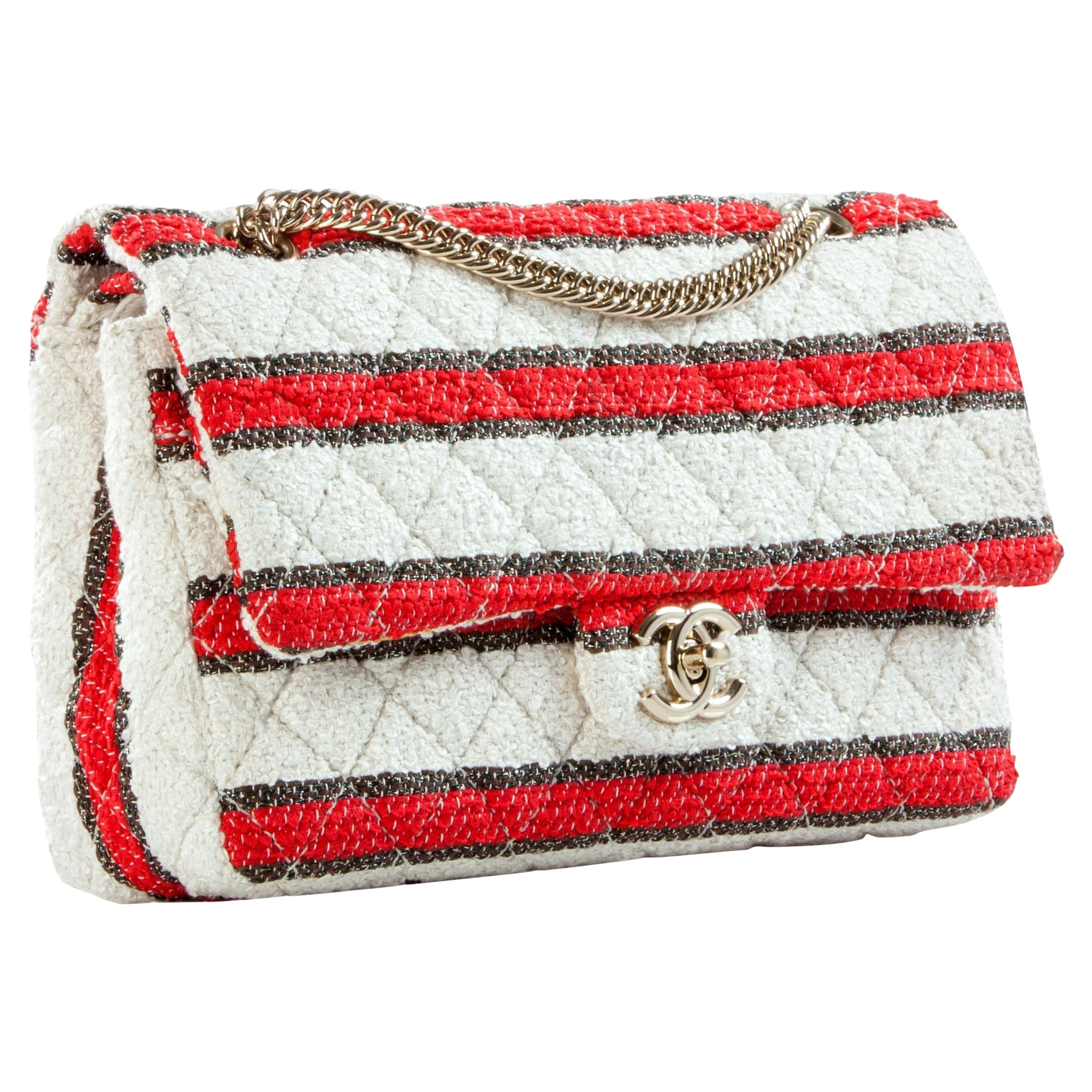 Chanel 2009 Vintage Rare Medium Classic Flap Bag Red Stripe Tweed Shoulder Bag 