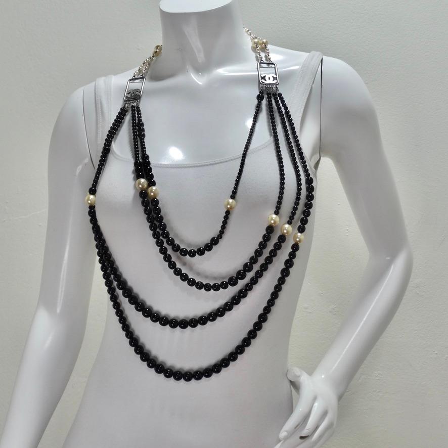 Women's or Men's Chanel 2010 Black and Ivory Resin Pearl Multi Strand CC Logo Necklace For Sale