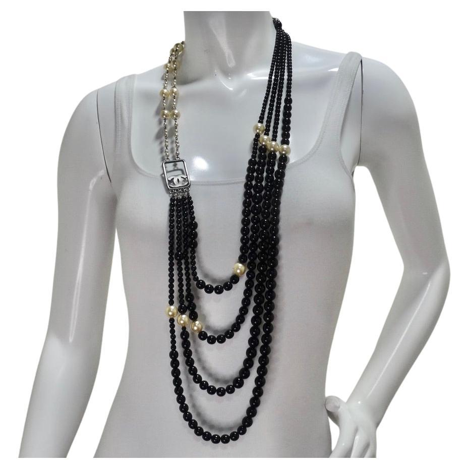 Chanel 2010 Black and Ivory Resin Pearl Multi Strand CC Logo Necklace For Sale