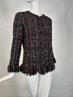 Chanel 2010 Black Red Tan Chunky Tweed Zipper Front Jacket with Fringe Trim 40