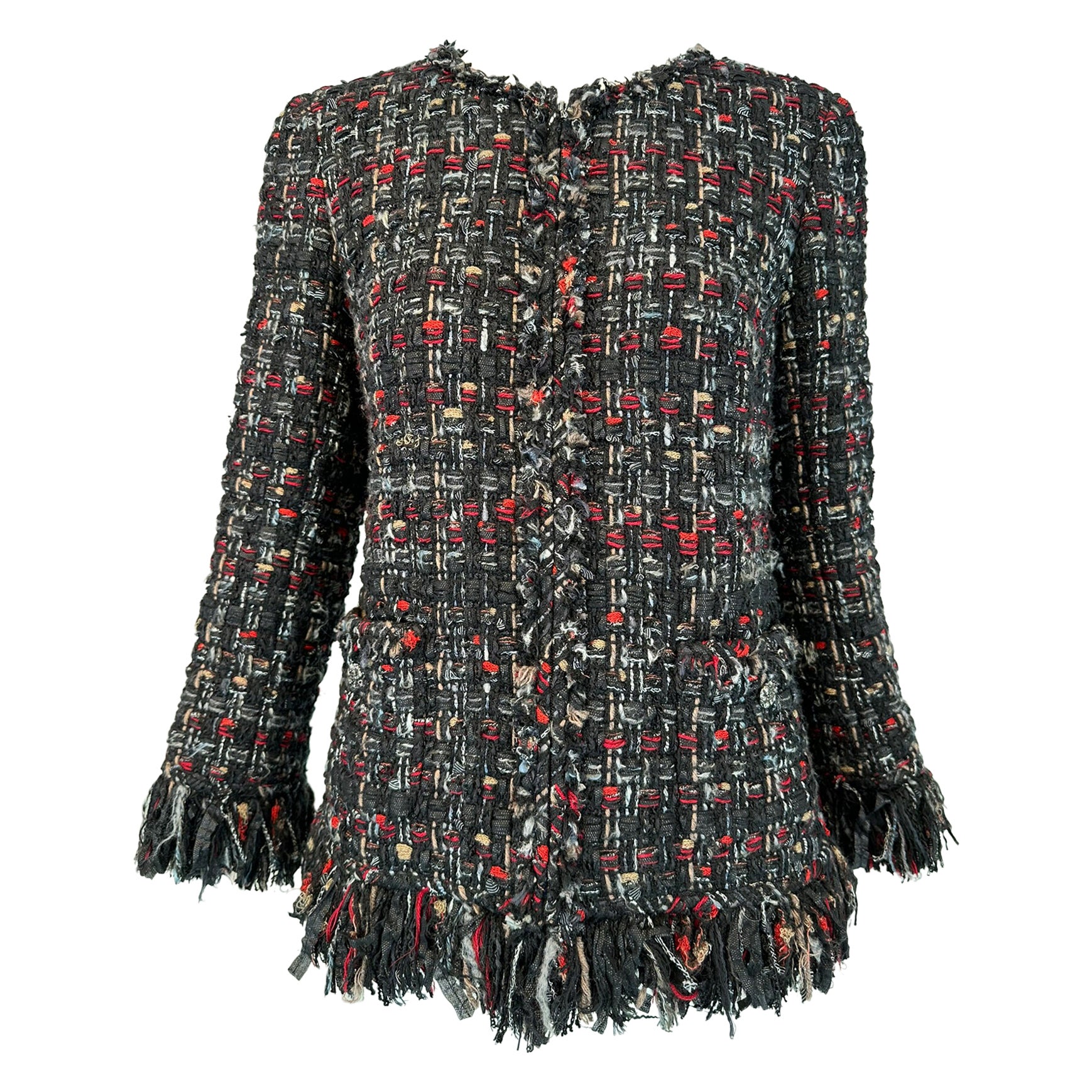 Chanel 2010 Black Red Tan Chunky Tweed Zipper Front Jacket avec bordure à franges 40