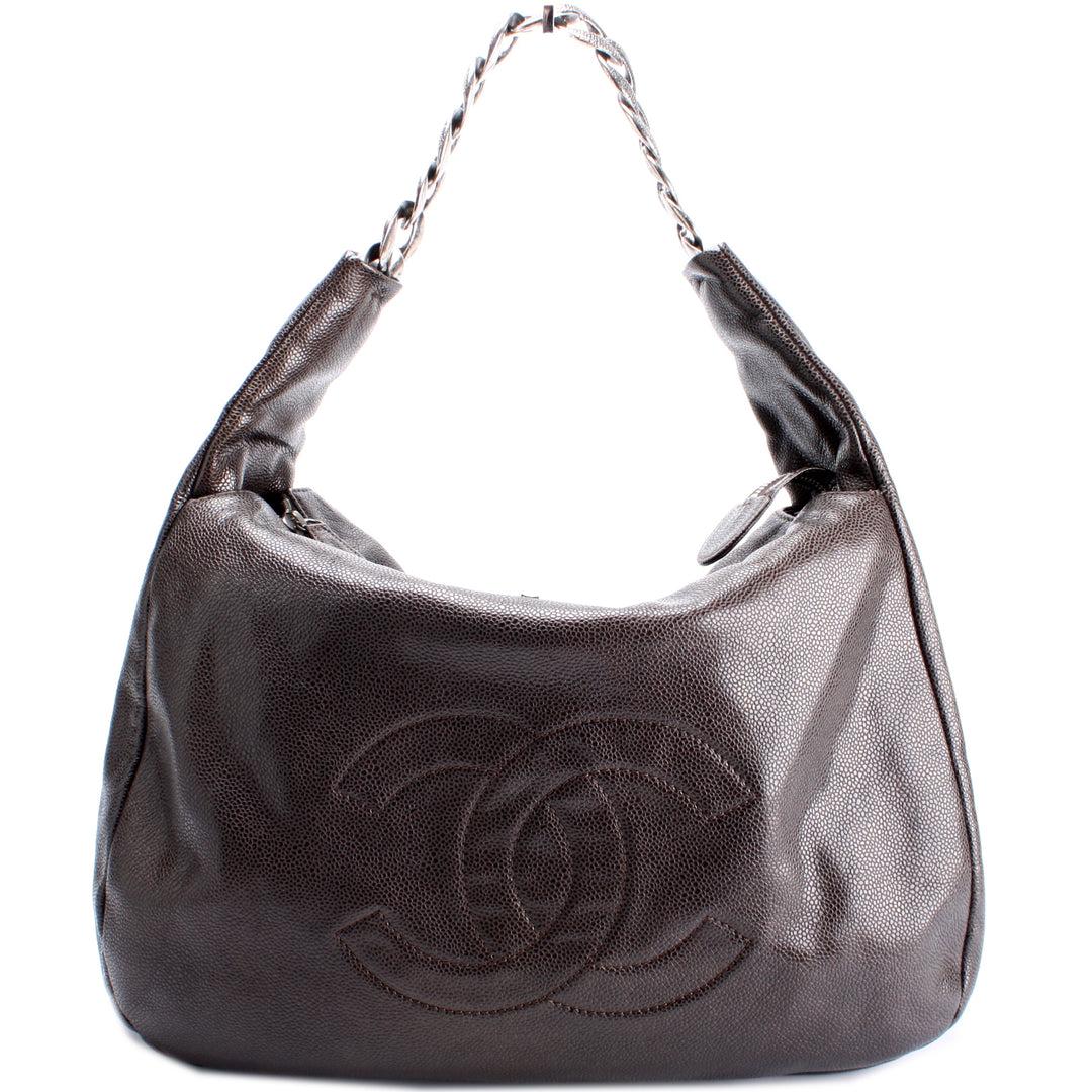 Women's or Men's Chanel 2010 Brown Pebbled Caviar Hobo Antique Chain Shopper Satchel Bag For Sale