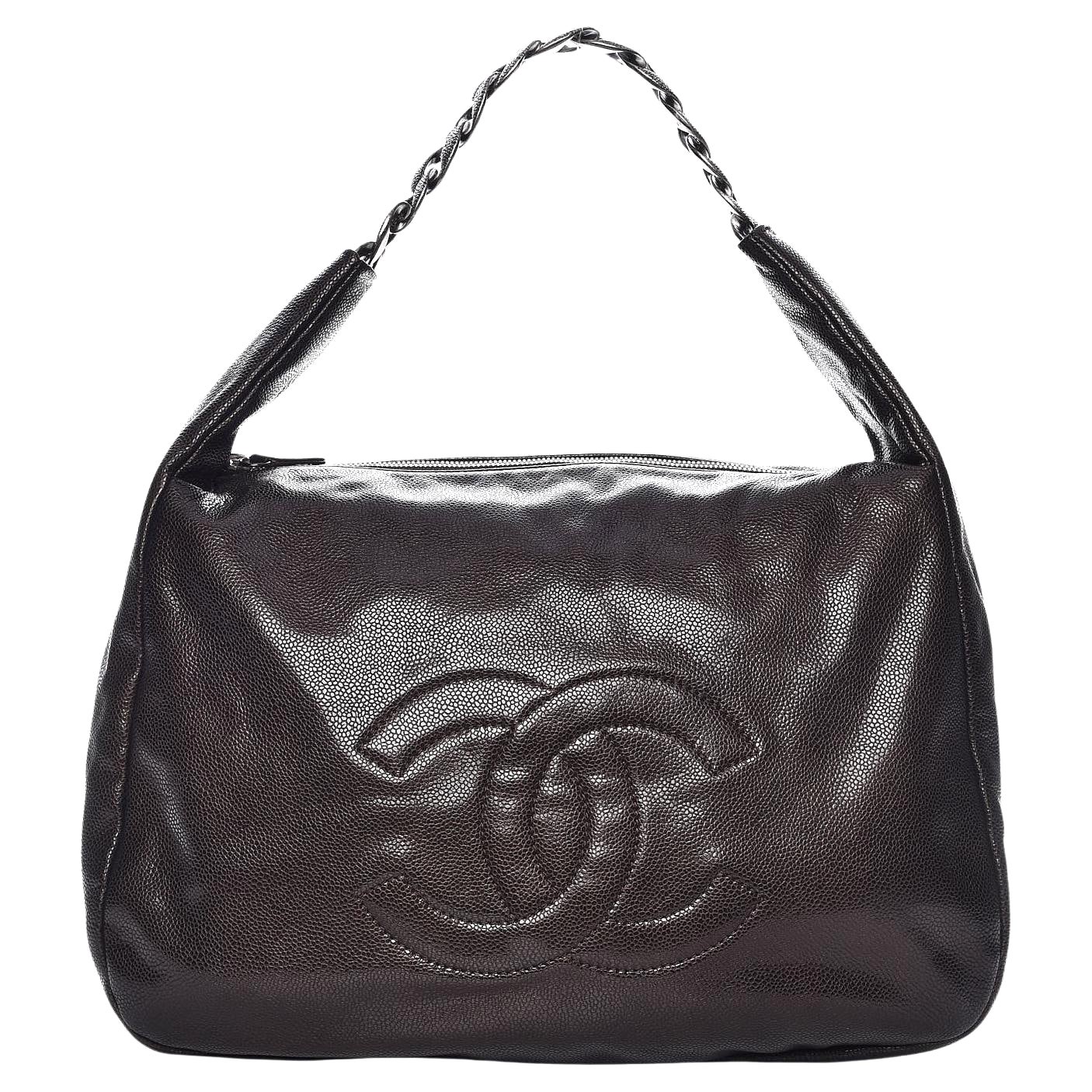 Chanel 2010 Brown Pebbled Caviar Hobo Antique Chain Shopper Satchel Bag