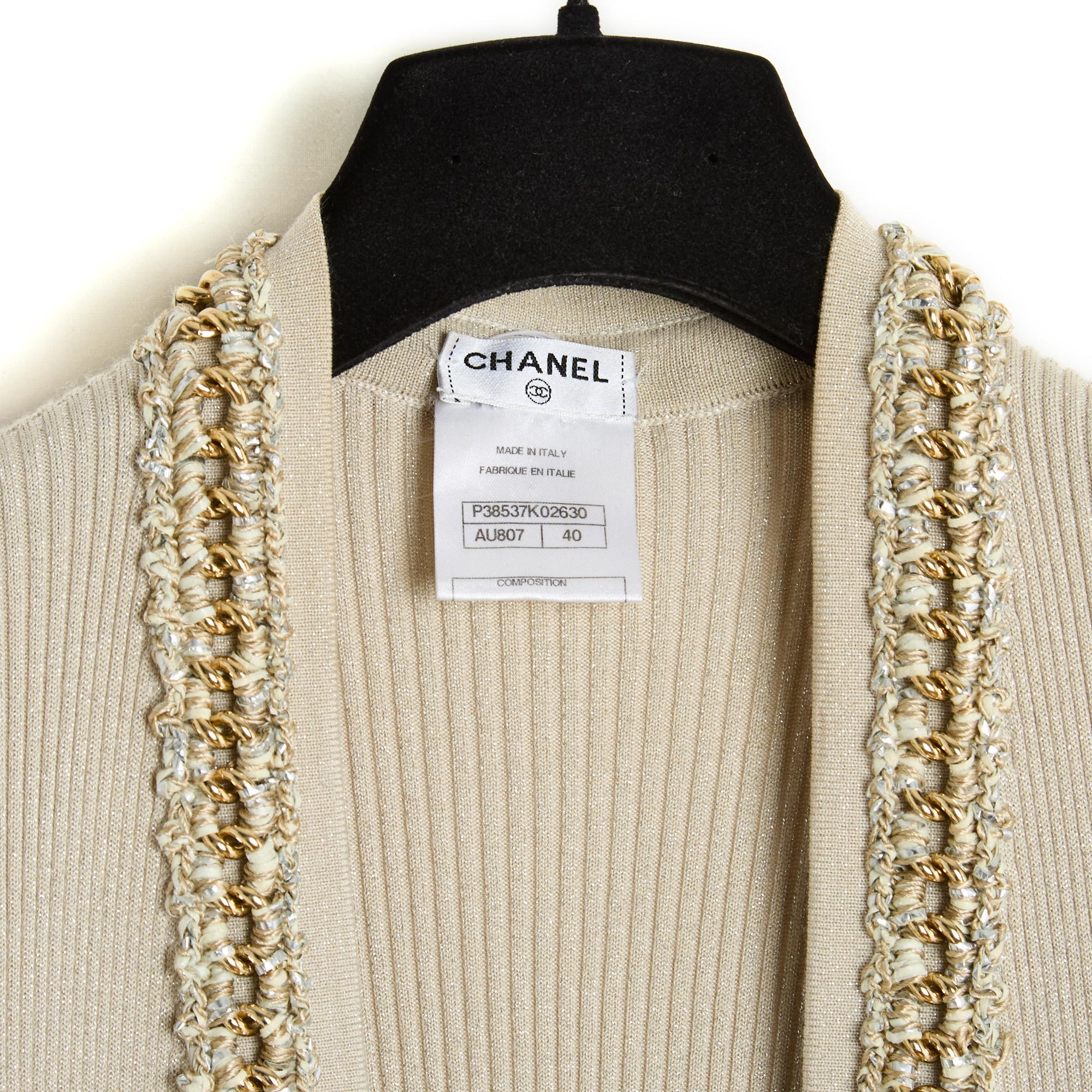 Women's Chanel 2010 Cardigan FR40 Beige Gold Cashmere and cotton chains Cardigan US10
