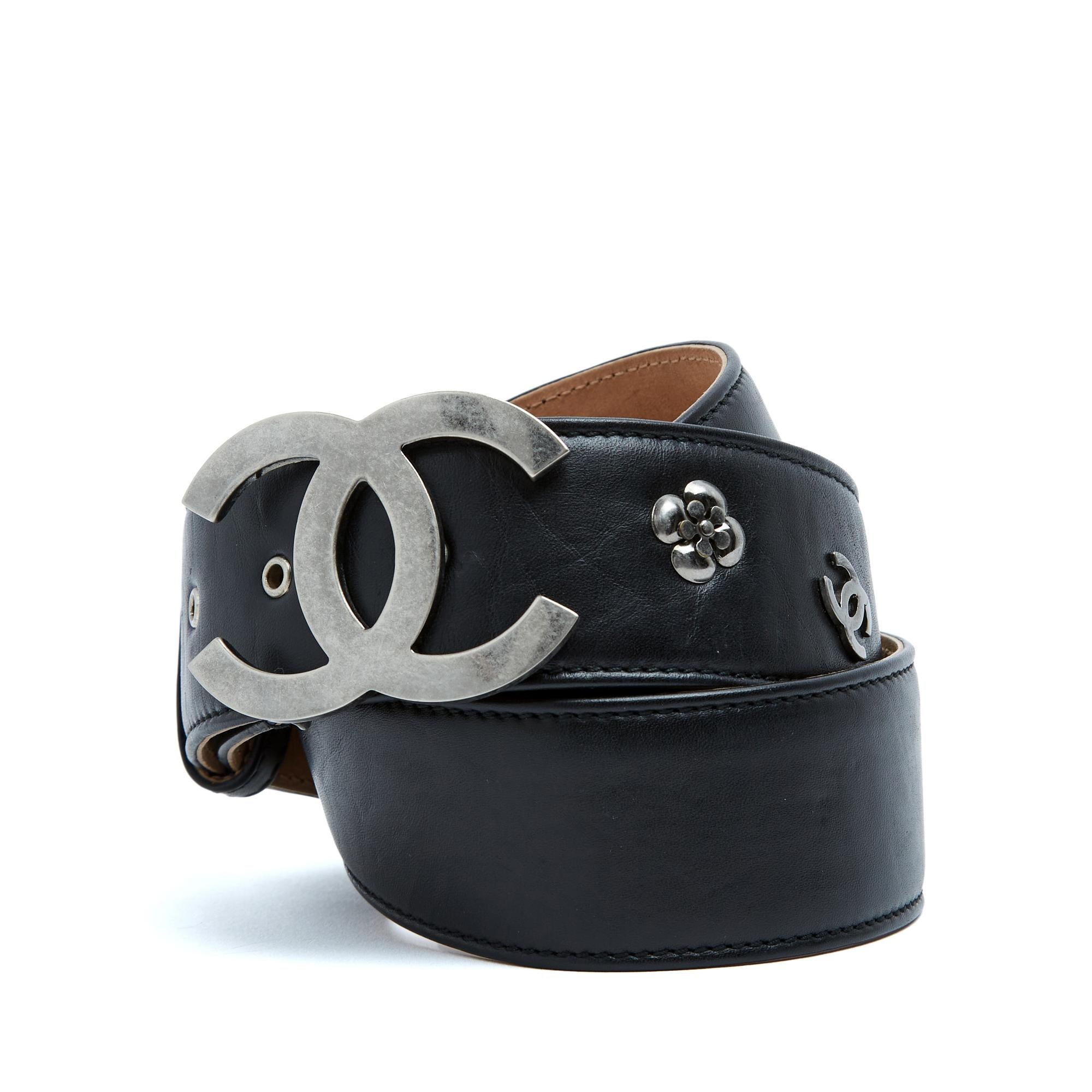 da uomo o donna Chanel 2010 Ceinture Icones Argent T90 Cintura Icone Argento in Pelle Nera US36 pollici in vendita