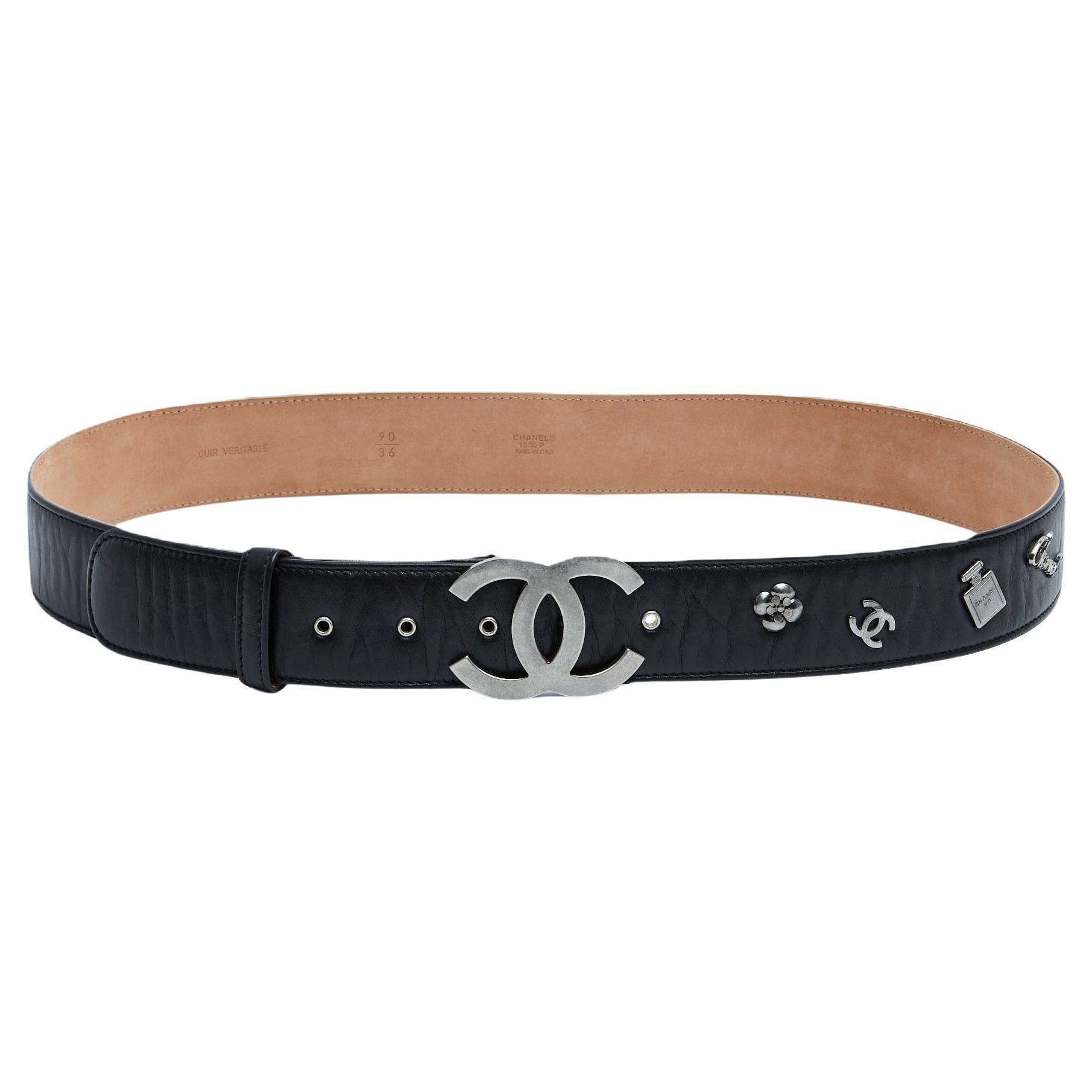 Chanel 2010 Ceinture Icones Argent T90 Cintura Icone Argento in Pelle Nera US36 pollici in vendita