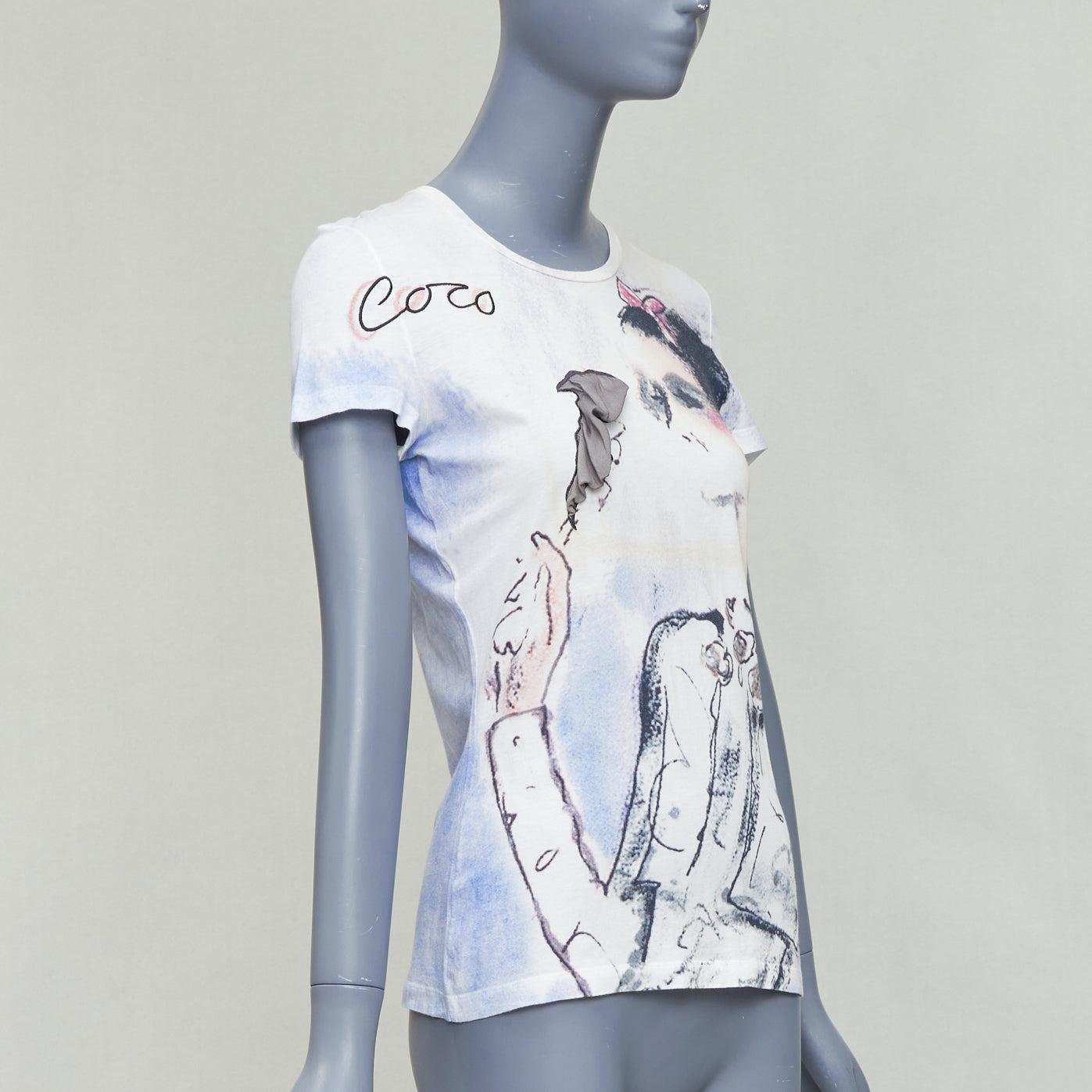 Gray CHANEL 2010 cream cotton coco watercolor print silk tshirt FR36 S