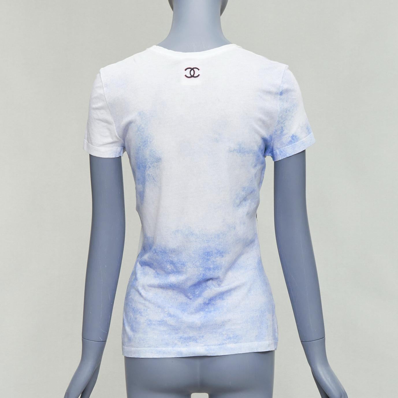 Women's CHANEL 2010 cream cotton coco watercolor print silk tshirt FR36 S
