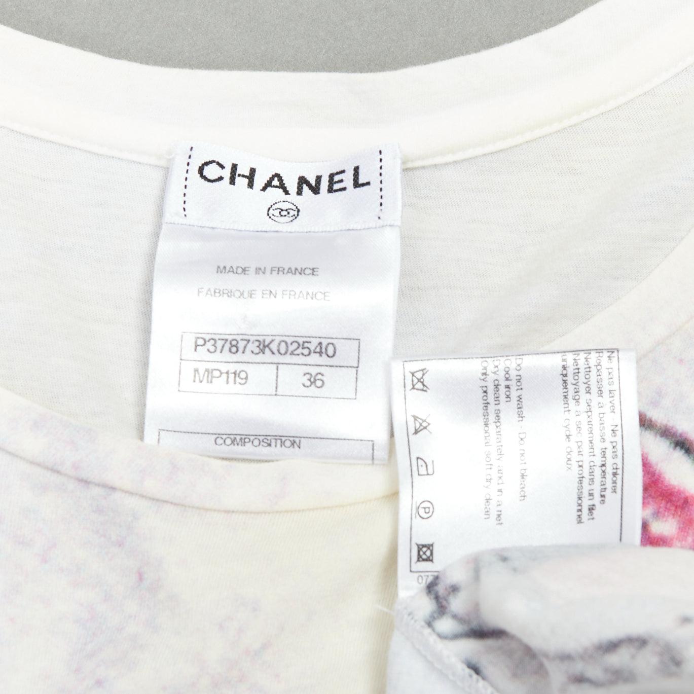 CHANEL 2010 cream cotton coco watercolor print silk tshirt FR36 S 3