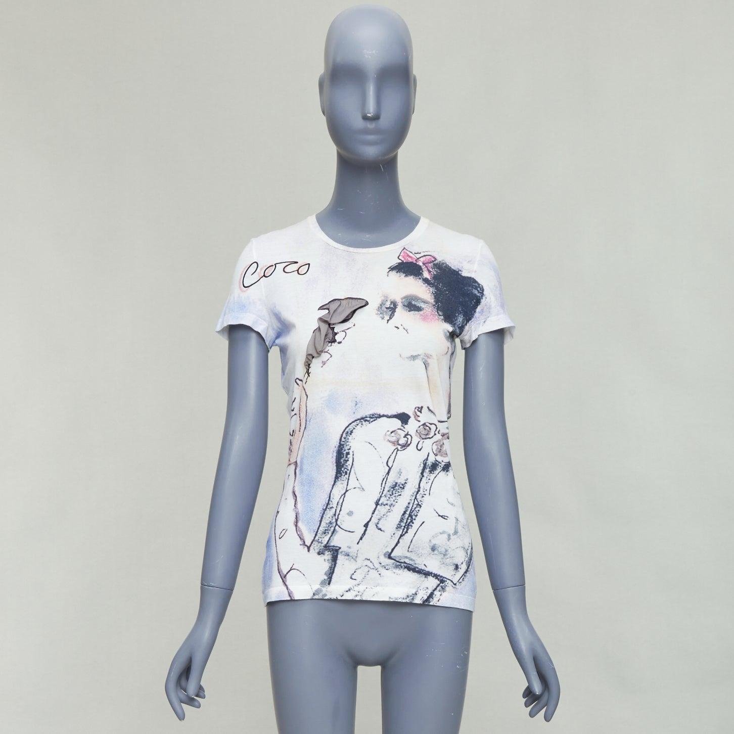 CHANEL 2010 cream cotton coco watercolor print silk tshirt FR36 S 4