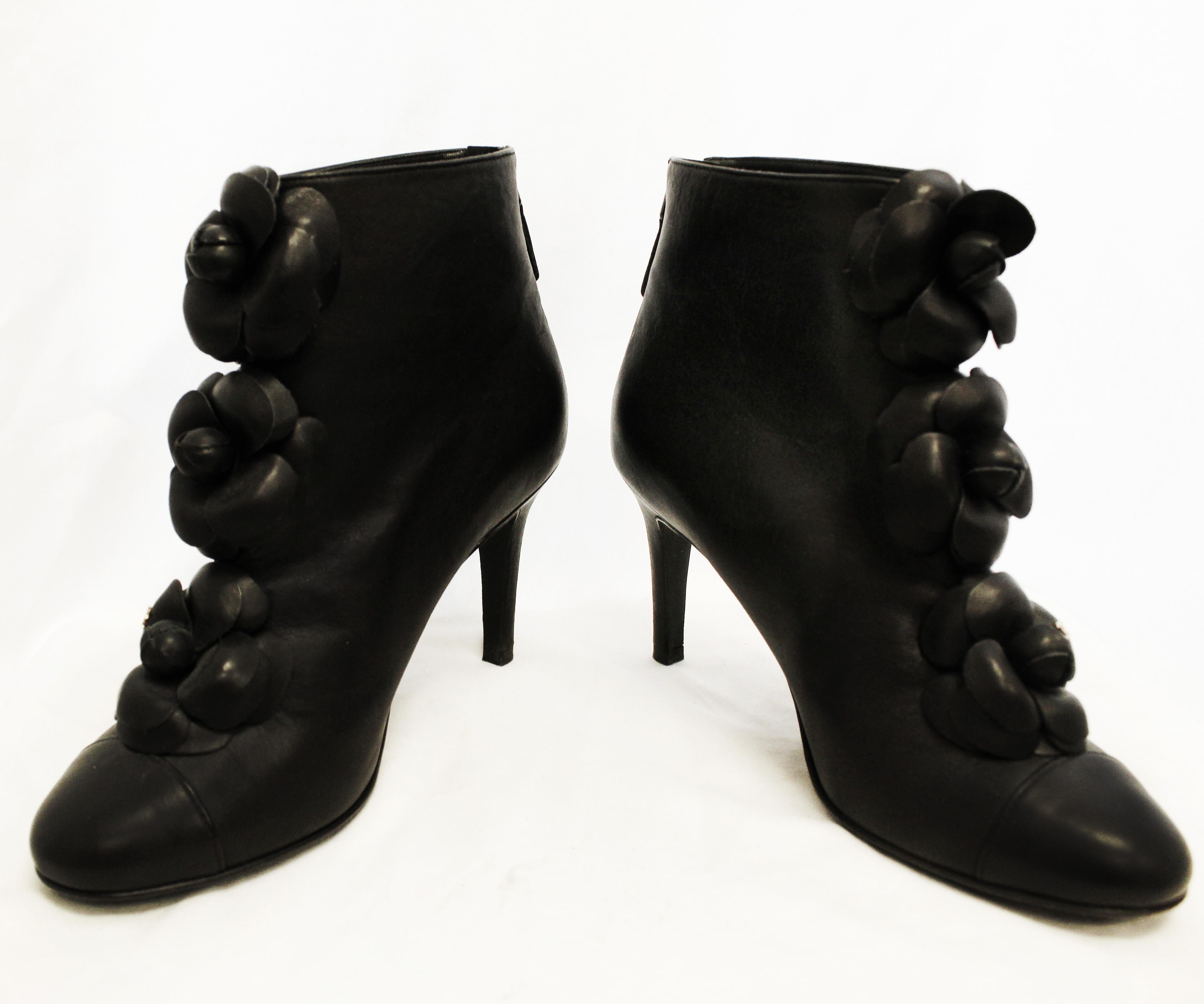 Women's Chanel 2010 Fall Black Leather Camellia Flower Embellished Ankle Boots