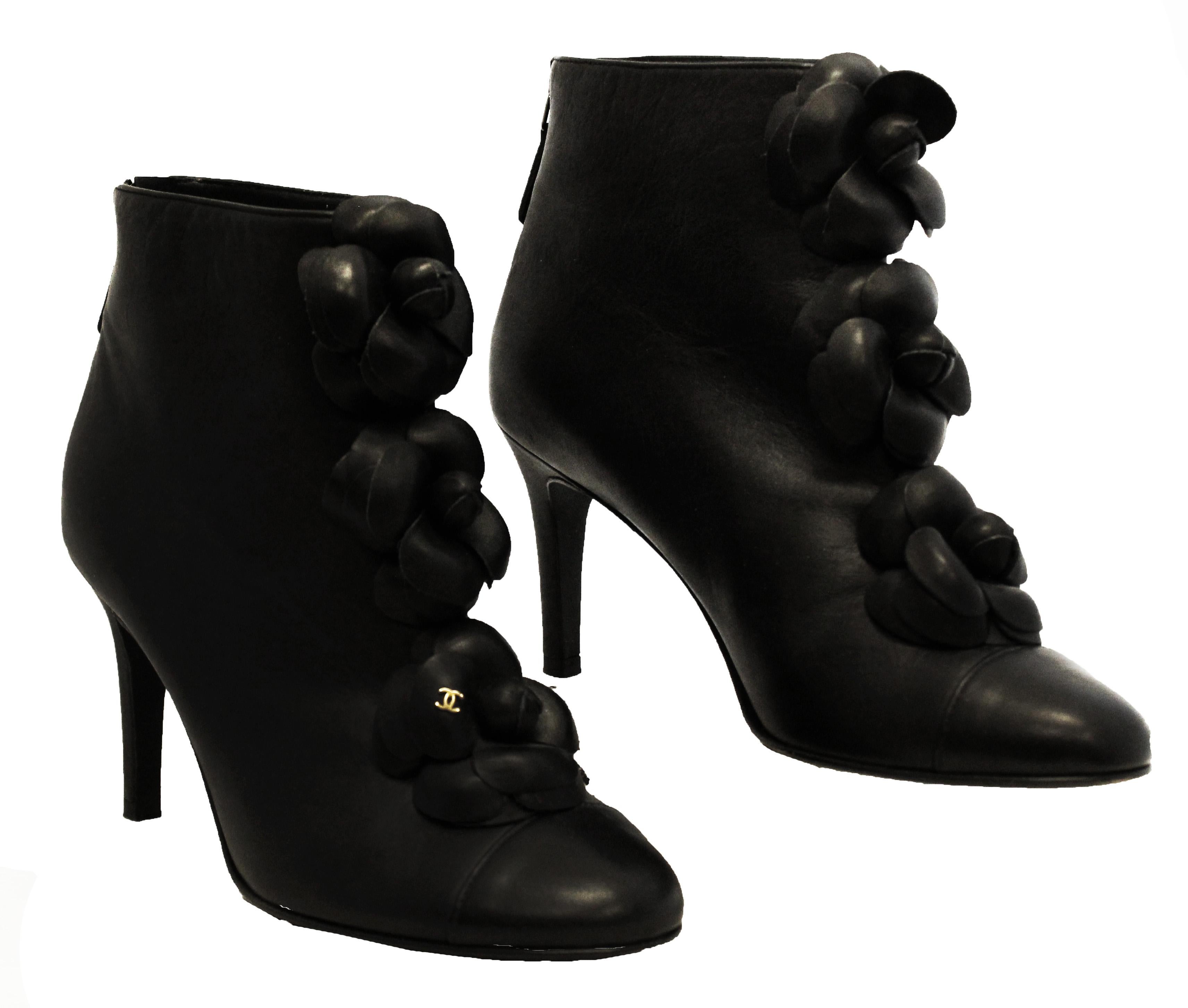 Chanel 2010 Fall Black Leather Camellia Flower Embellished Ankle Boots 1