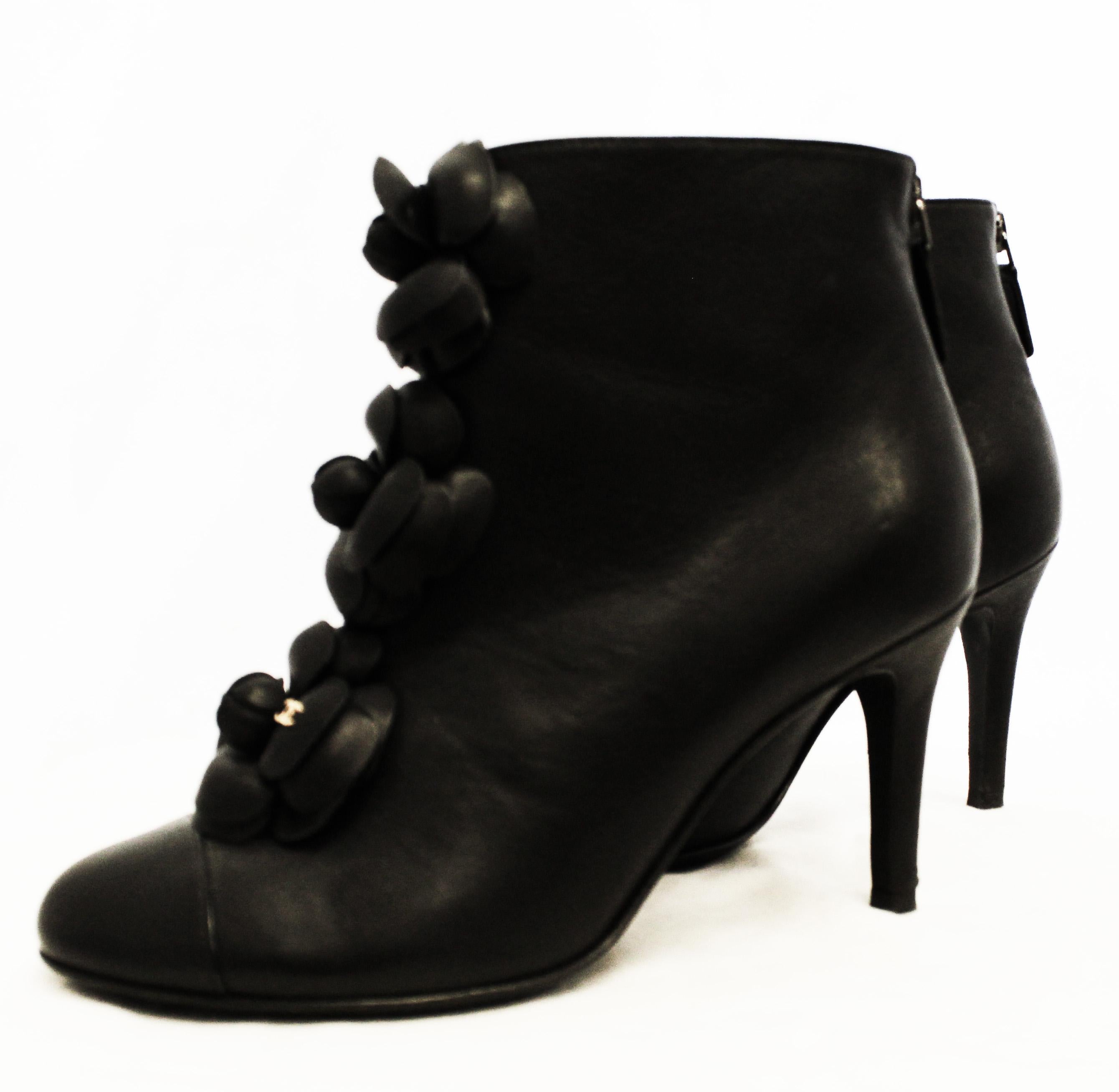 Chanel 2010 Fall Black Leather Camellia Flower Embellished Ankle Boots 2