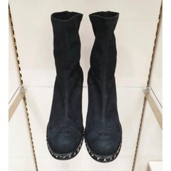 Chanel 2010 Interlocking CC Logo Black Suede Sock Boots Sz.40