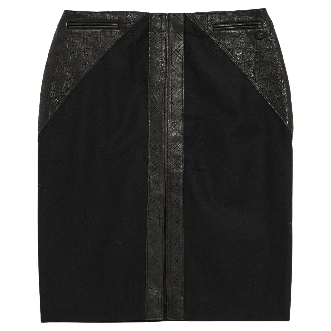Chanel 2010 Jupe FR38 Black Wool Cashmere Leather Pencil Skirt UK10 US8 For Sale