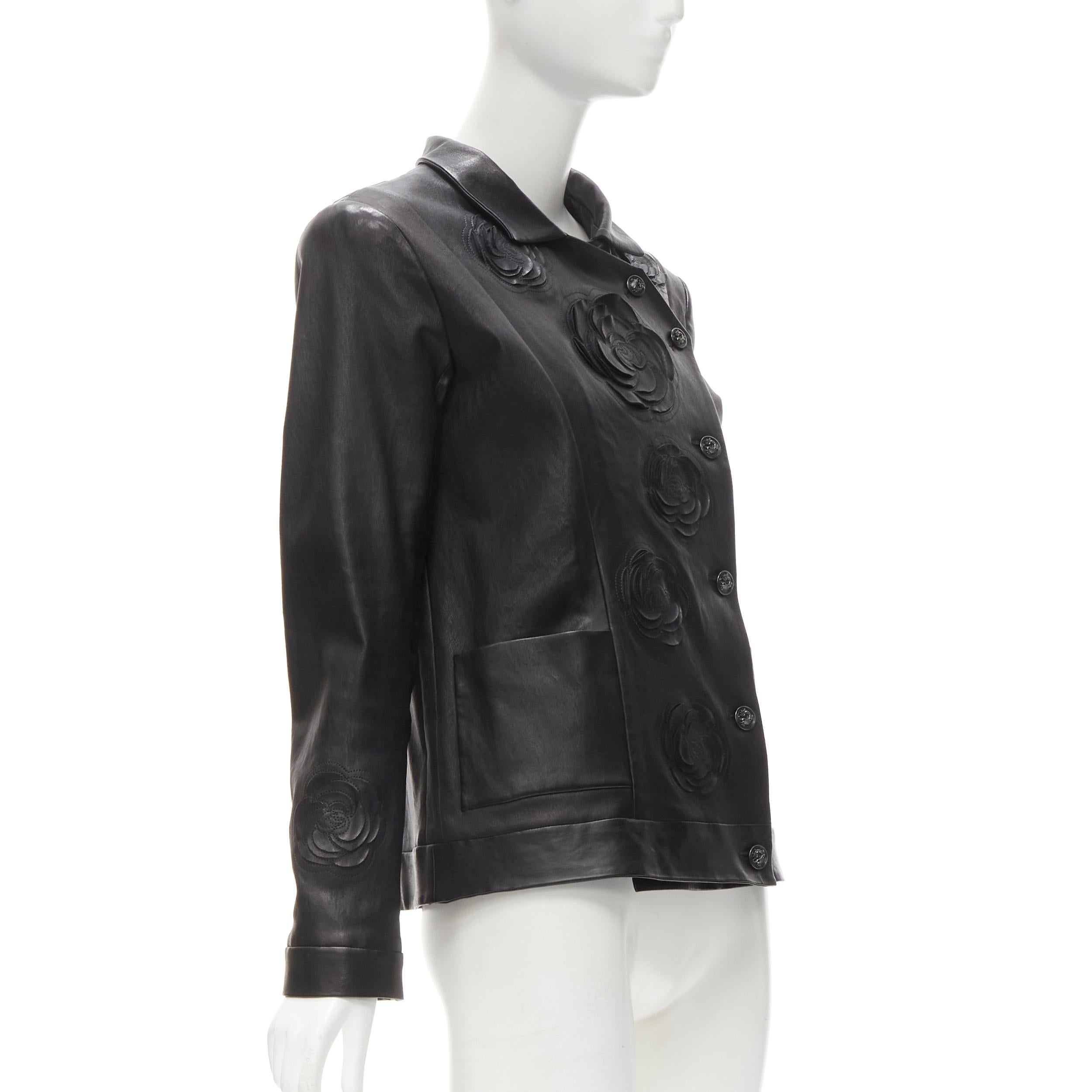 Women's CHANEL 2010 Paris Shanghai black Camellia laser cut lambskin Qipao jacket FR44