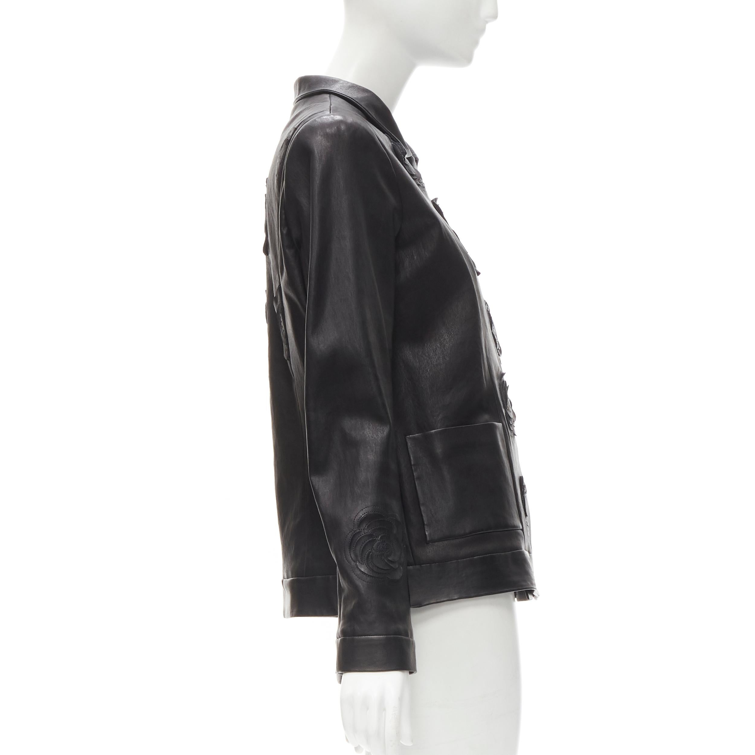 CHANEL 2010 Paris Shanghai black Camellia laser cut lambskin Qipao jacket FR44 1
