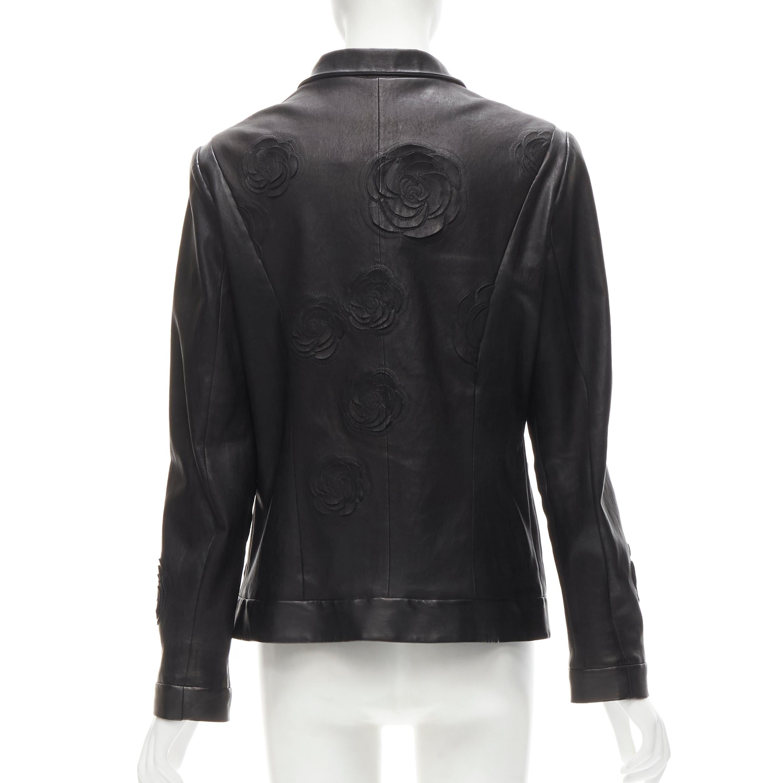 CHANEL 2010 Paris Shanghai black Camellia laser cut lambskin Qipao jacket FR44 2