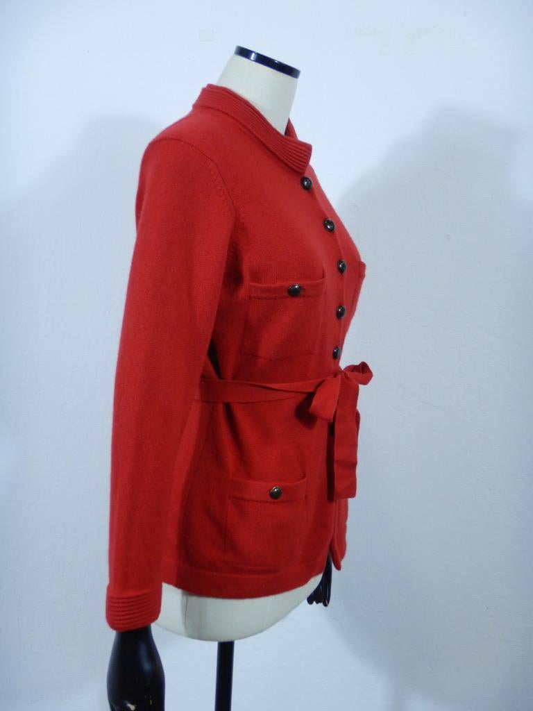 Chanel 2010 Red Belted Cashmere Cardigan Sweater In Good Condition For Sale In Oakland, CA