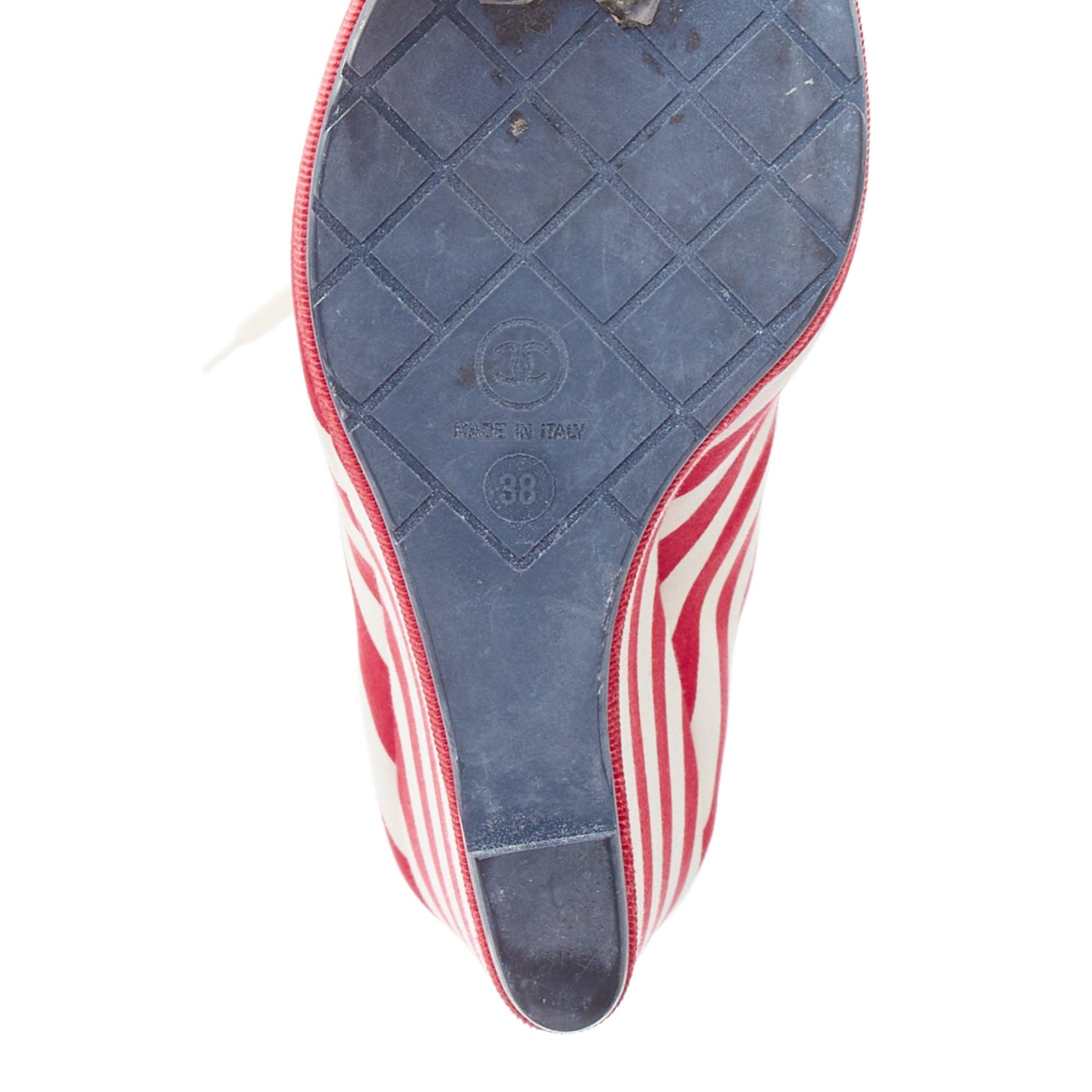 CHANEL 2010 rRunway red cream stripe canvas blue leather CC boots EU38 5