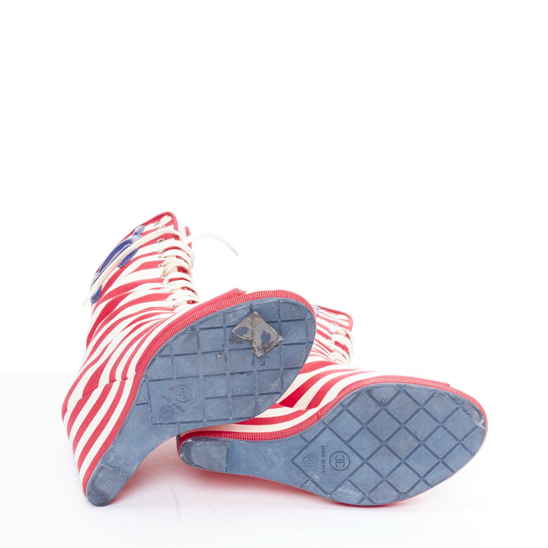 CHANEL 2010 rRunway red cream stripe canvas blue leather CC boots EU38 6