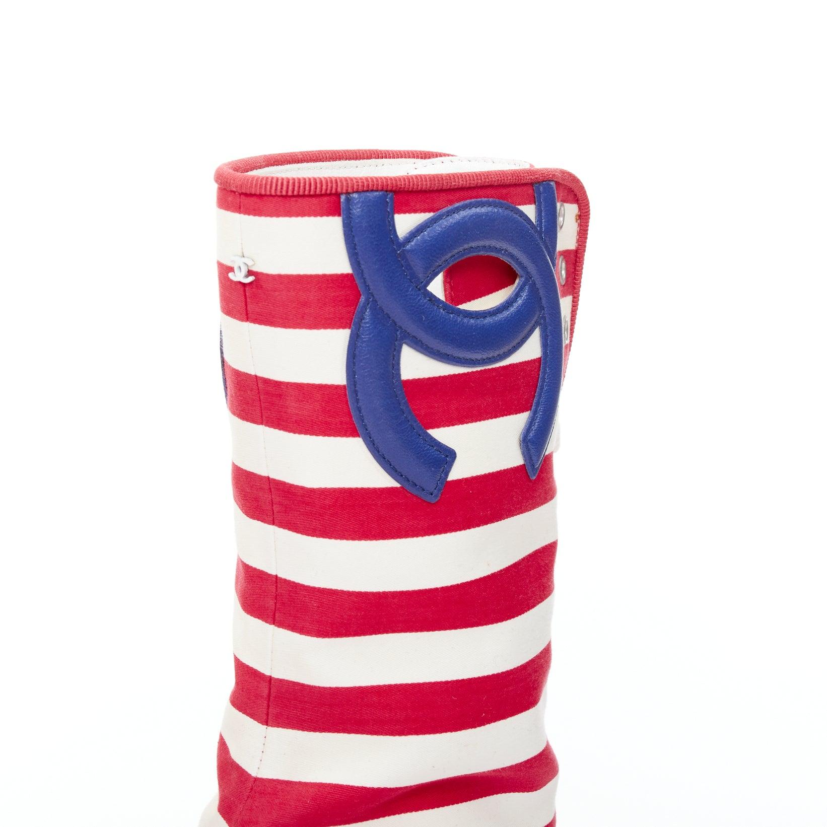 CHANEL 2010 rRunway red cream stripe canvas blue leather CC boots EU38 Katy Perry
Reference: TGAS/E00158
Brand: Chanel
Designer: Karl Lagerfeld
Collection: Cruise 2010 - Runway
As seen on: Katy Perry, Lily Allen
Material: Canvas, Leather
Color:
