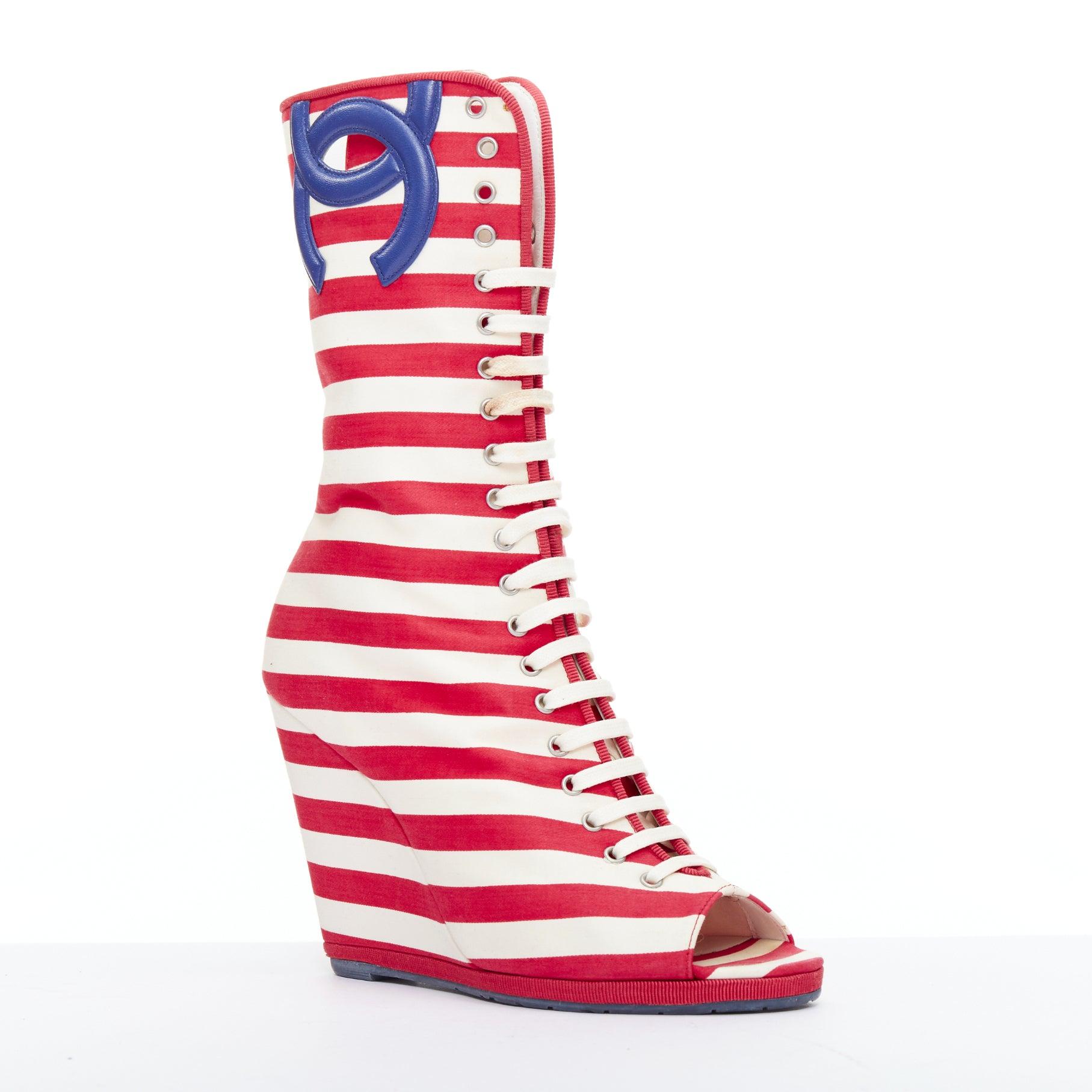 Pink CHANEL 2010 rRunway red cream stripe canvas blue leather CC boots EU38